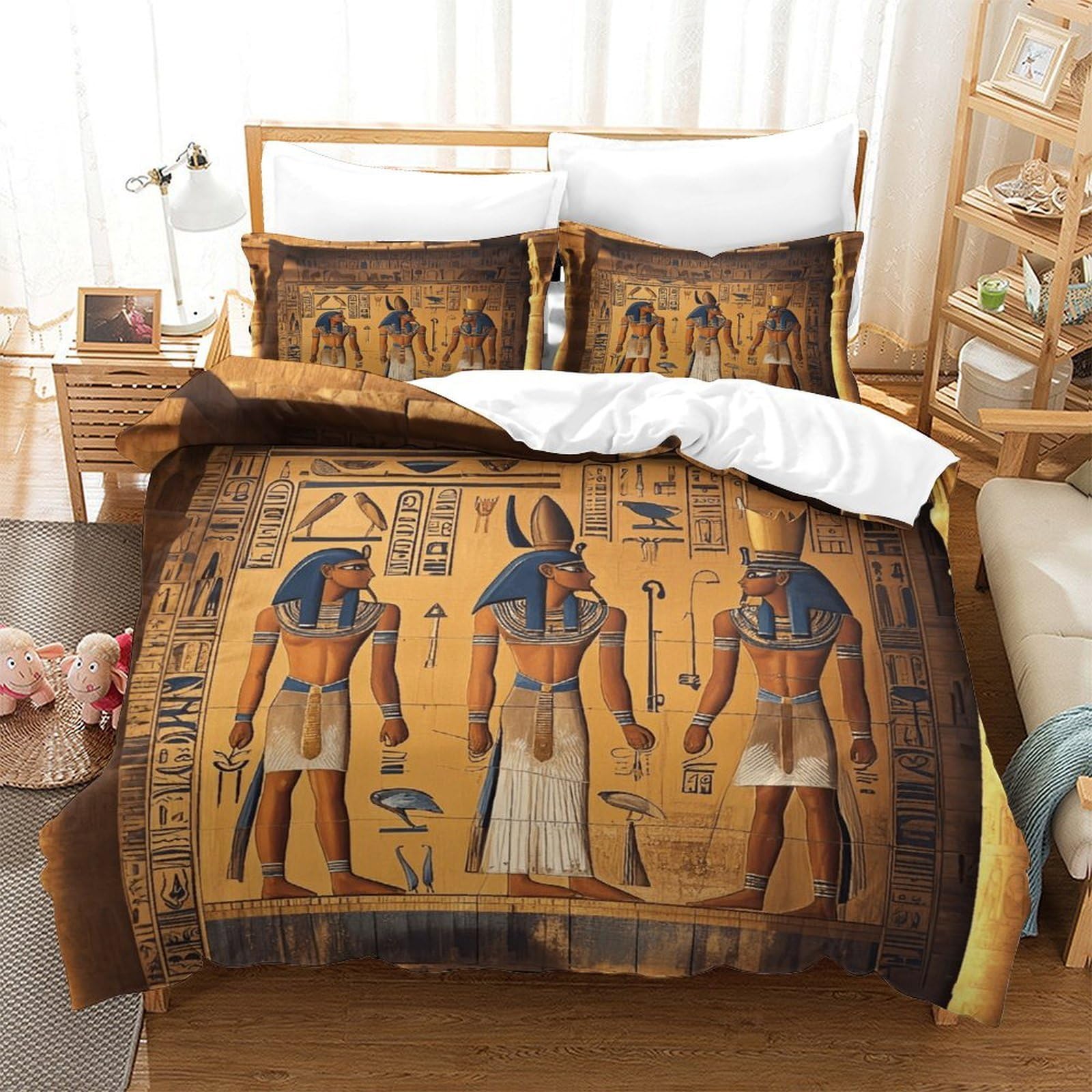 Washable Ancient Egyptian Mural Bedding Set With Hidden Zipper, King（220x240cm）Ancient Egyptian Mural Duvet Cover with Pillowcases, Soft Microfiber Karnak Temple Reliefs Quilt Cover for Kids & Adults