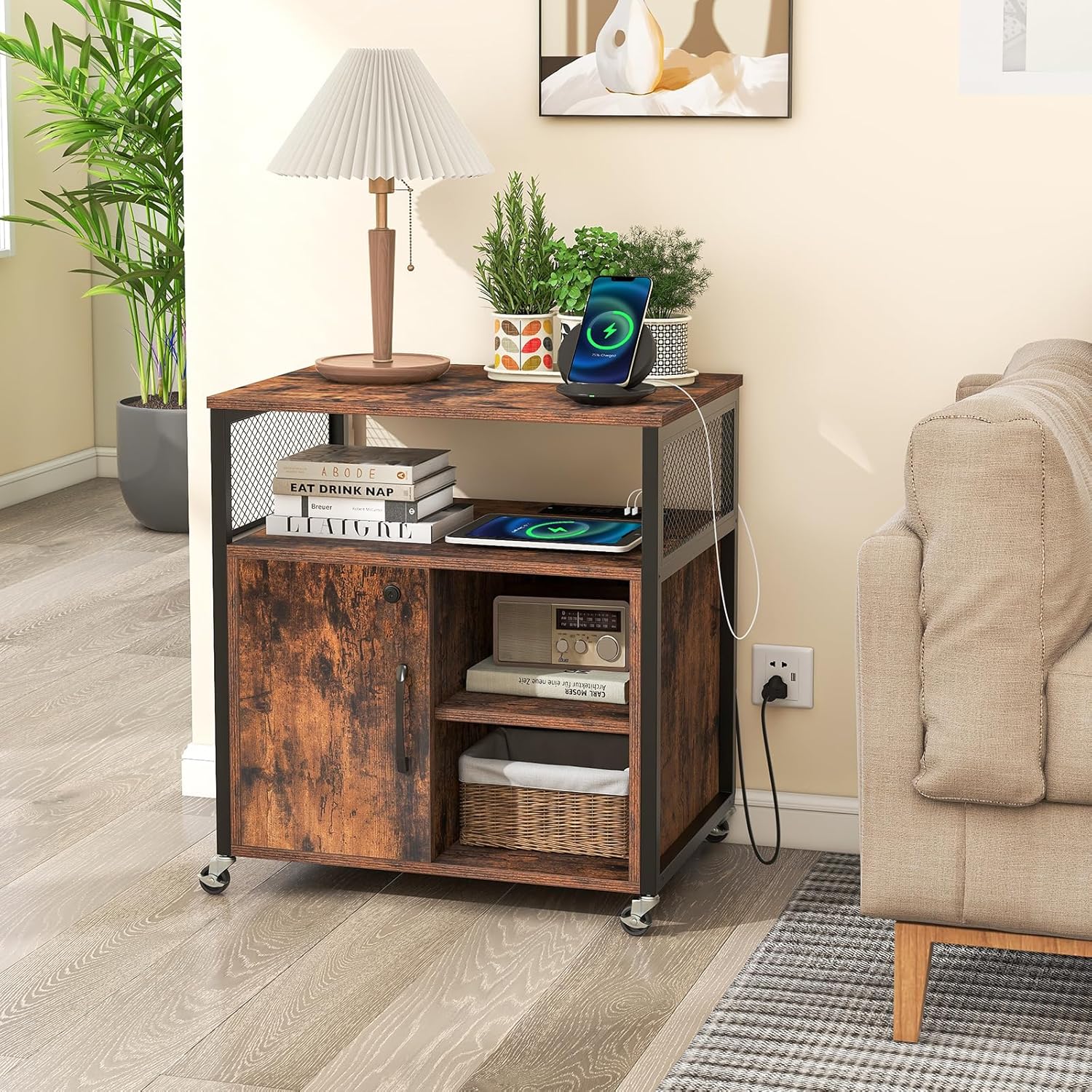 LOKO Rolling File Cabinet with Charging Station, Mobile Lateral Filing Cabinet with Lock, Adjustable Shelf, Metal Frame, Modern Printer Stand on Lockable Wheels for Home Office, Small Space (Brown)