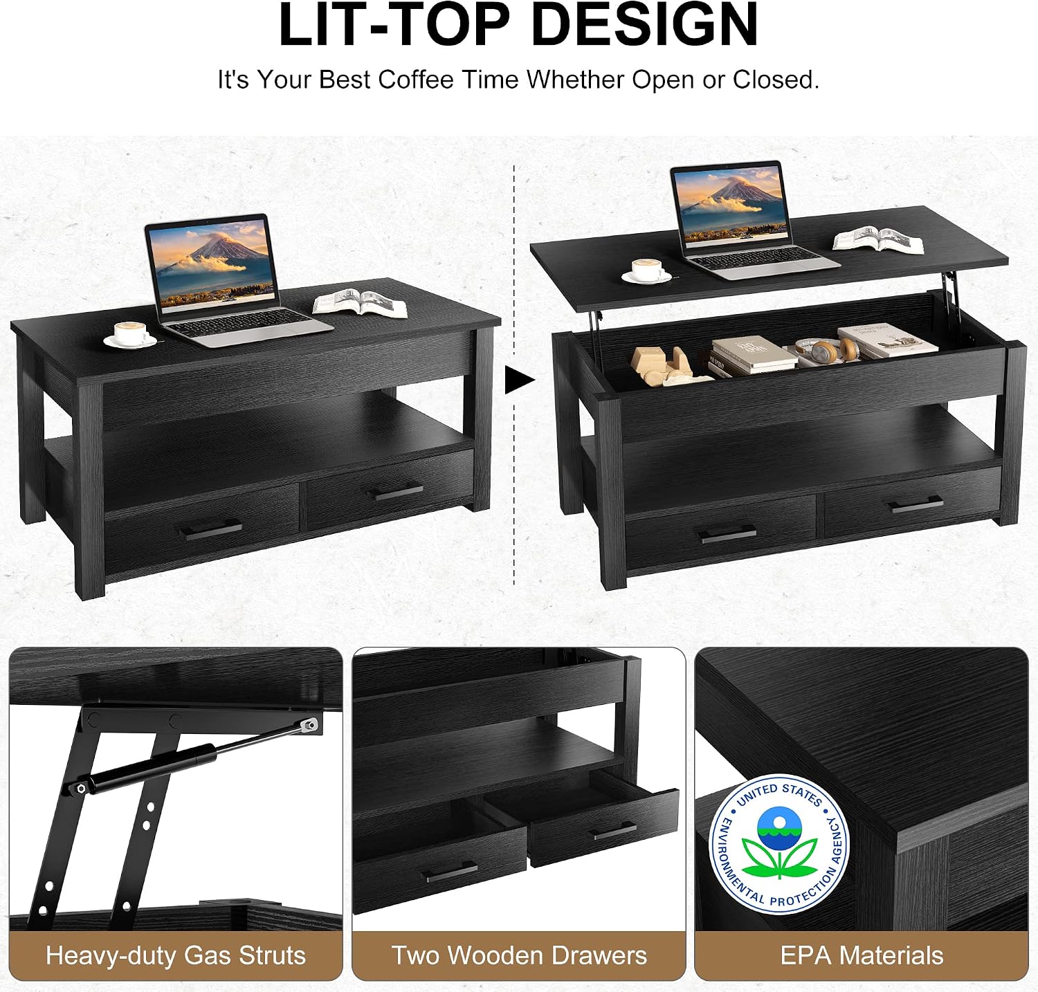 FABATO 41.7'' Lift Top Coffee Table with 2 Storage Drawer Hidden Compartment Open Storage Shelf for Living Room Folding Wood End Table (Black)