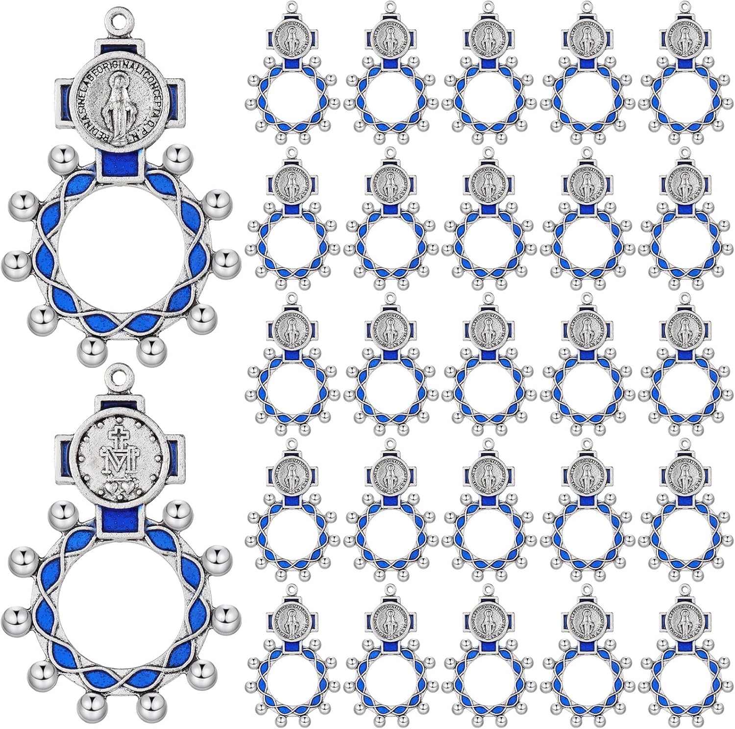 24 Pcs Finger Rosary Ring Traditional Catholic Pocket Rosary Ring Christian Medal Jewellery Crucifix Bulk Blue Keychain for Baptism Favors Prayer Accessories