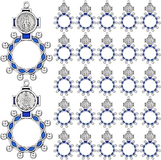 24 Pcs Finger Rosary Ring Traditional Catholic Pocket Rosary Ring Christian Medal Jewellery Crucifix Bulk Blue Keychain for Baptism Favors Prayer Accessories