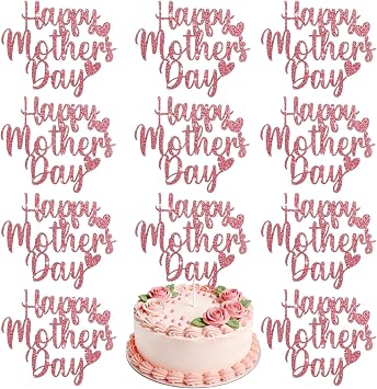 QDTK Happy Mothers Day Cake Toppers 10Pcs Glitter Mothers Day Cupcake Toppers Rose Gold Moms Day Heart Cake Topper Picks for Mothers Day Cake Decorations Supplies