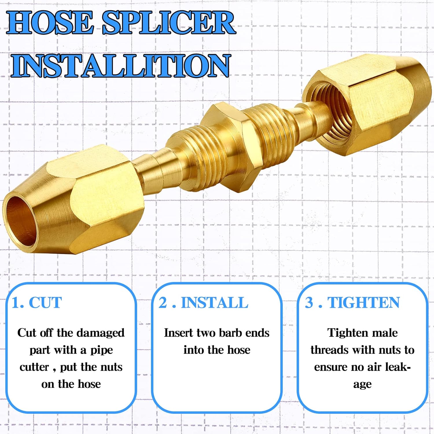 Peryiter 24 Pcs Solid Brass Air Hose Repair Fittings for NPT Replacement Reusable Hose Splicer Air Tube Connectors Repair Kit with Ptfe Tape Brass Connect Adapter (1/4npt-1/4 Inch)