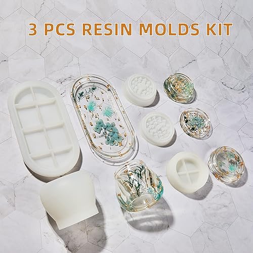 Miniatura 6 de Moldes de silicona de 3 piezas para resina epoxi, incluye bandeja rodante, tarro de pudín con tapa y moldes de molinillo para fundición de resina,