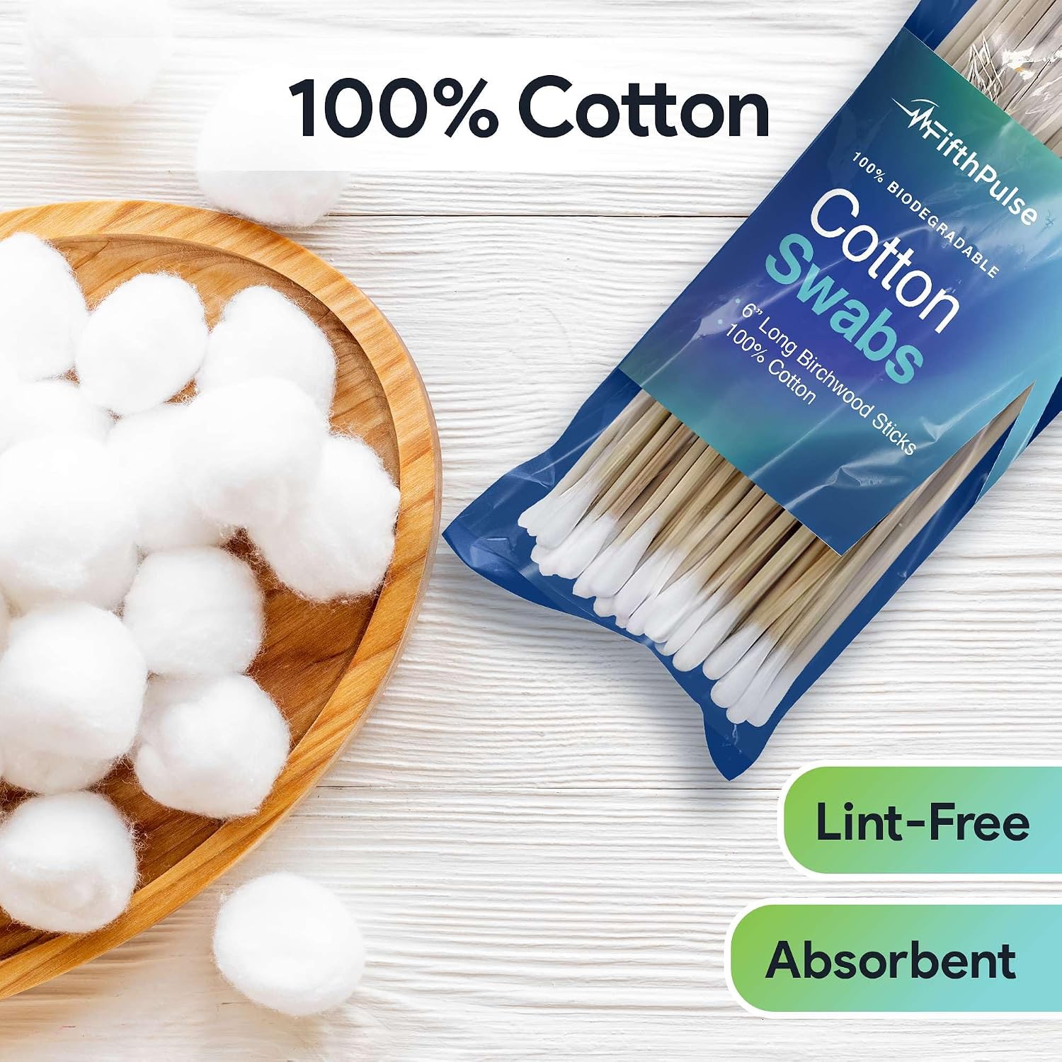 50 Biodegradable Long Cotton Swabs - 6 Inch Long Swabs for Ears - Made From Birchwood and 100% Cotton - Lint Free
