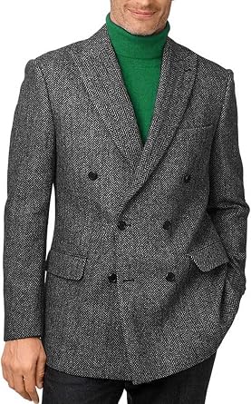 Mens Tweed Herringbone Blazer Fashion Double Breasted Tuxedo Jacket for Party STJK001