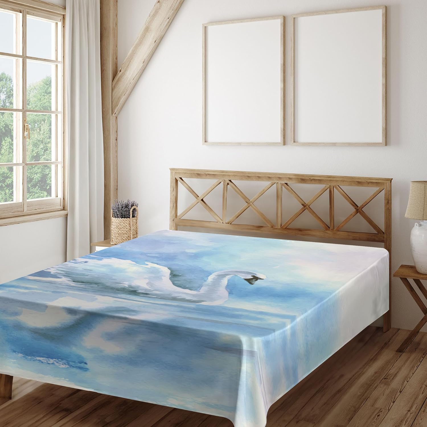 Ambesonne Swan Flat Sheet, Watercolor Drawing Picture of Swan in The River Color Aqua Concept Picture Print, Soft Comfortable Top Sheet Decorative Bedding 1 Piece, Queen Size, Blue White