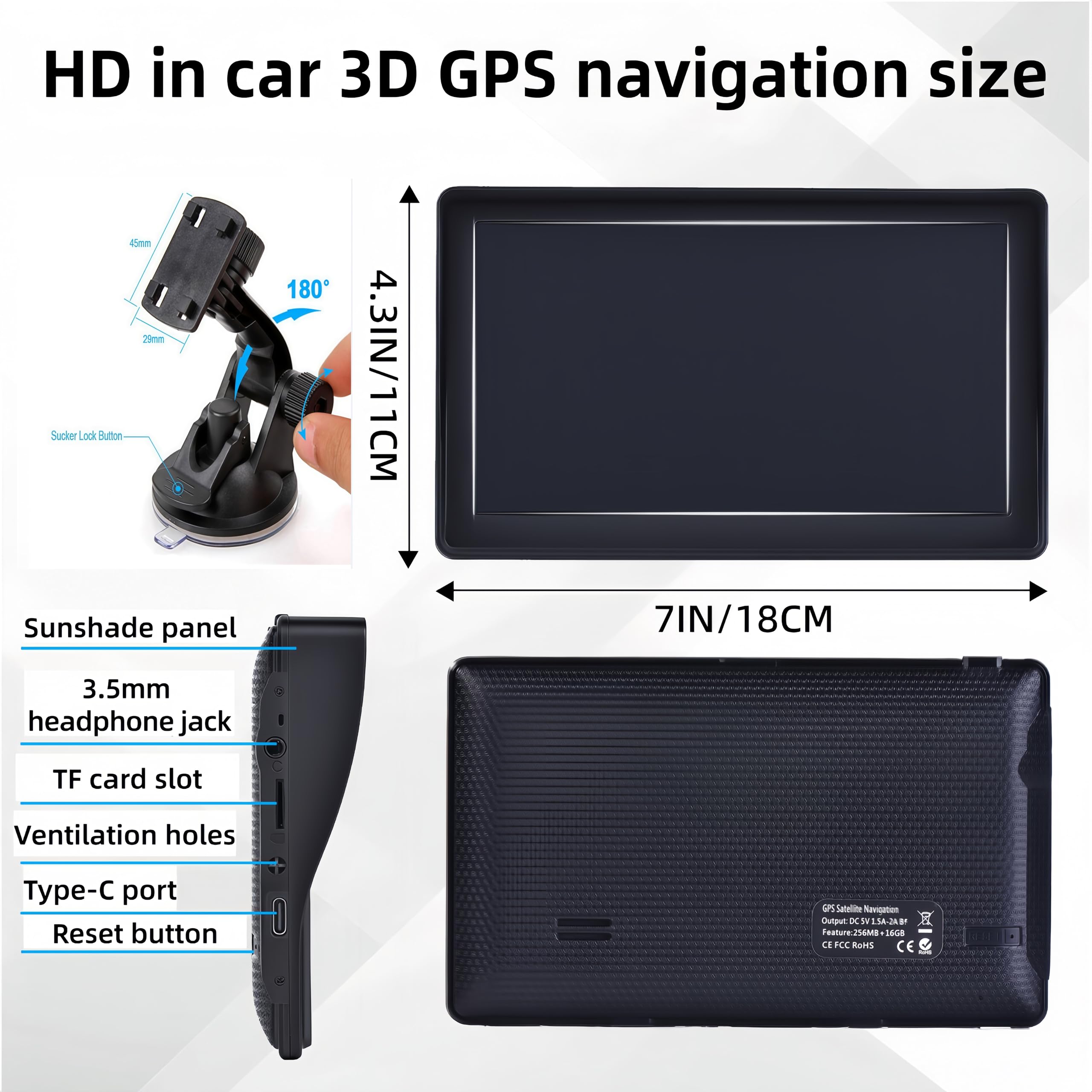 GPS Voiture, Carte de l'europe 2026, 7 Pouces/18CM, Navigation Hors Ligne, Mises à Jour Gratuites, Voix Réelles, Alerte Vitesse & Poi, Français Réglable, pour GPS Poids Lourds/Camping-Car/Camion,3D