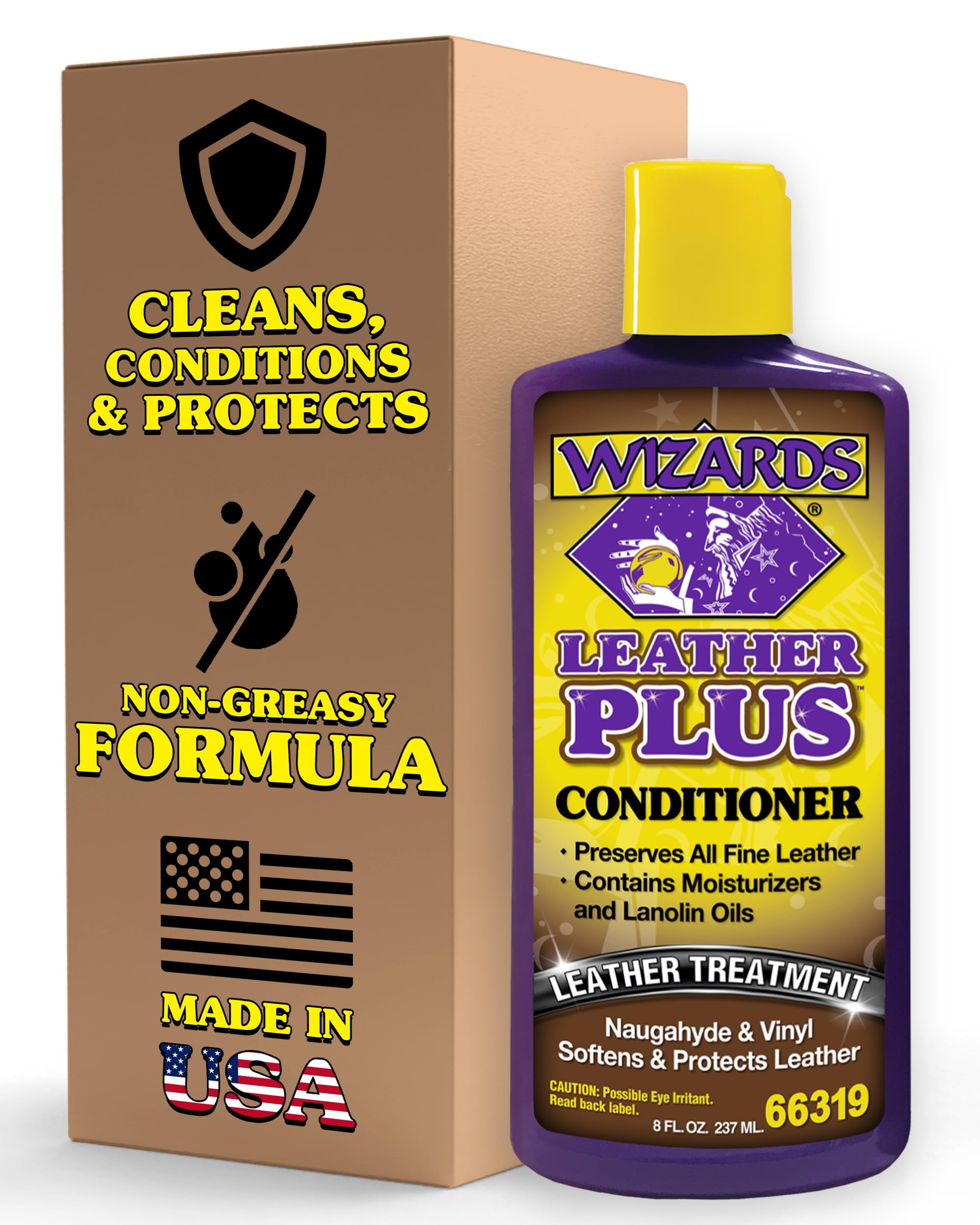 Wizards Leather Plus Leather Conditioner - Moisturizing Car Leather Seat Cleaner and Conditioner - Cleans, Conditions and Protects Leather, Naugahyde and Vinyl Car Accessories - 8 oz - Made in USA