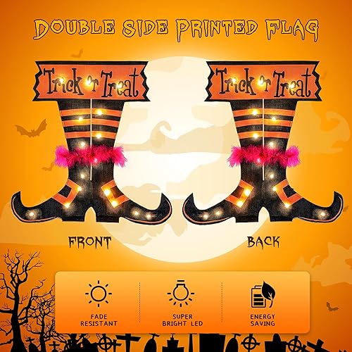 Miniatura 4 de Luces de bandera graduadas de Halloween sin asta de bandera, bandera de patas de bruja de doble cara de 17.1 x 17.2 pulgadas, 16 luces LED blancas