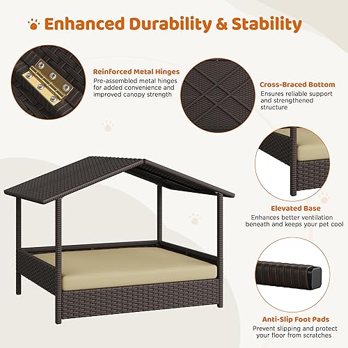 Miniatura 6 de Yaheetech Casa de mimbre para perros al aire libre e interior con toldo, cama elevada para perros con cojín para perros pequeñosmedianos, sombra