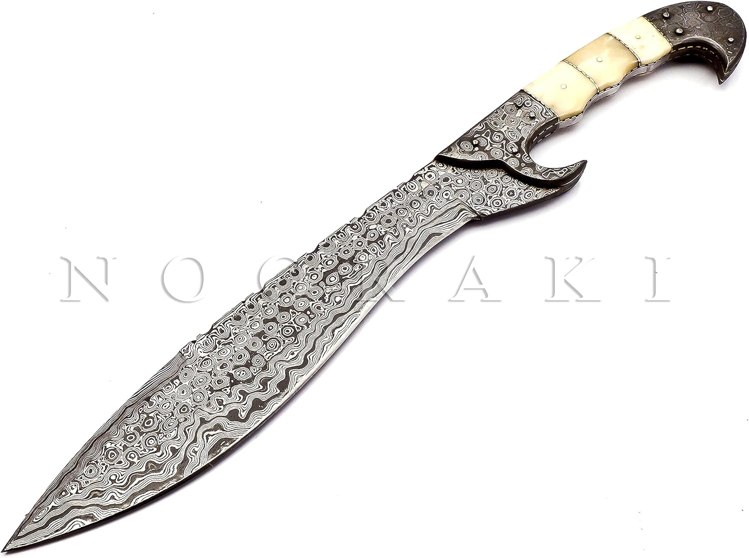NOORAKI - 18 inches Handmade Damascus Steel Machete/ Kukri Knife, Bushcraft Knife, Hunting Knife, Camping Knife, Collectors Knife, Survival Knives Full Tang Handle With Leather Sheath Outdoor Men Knives (Camel bone)