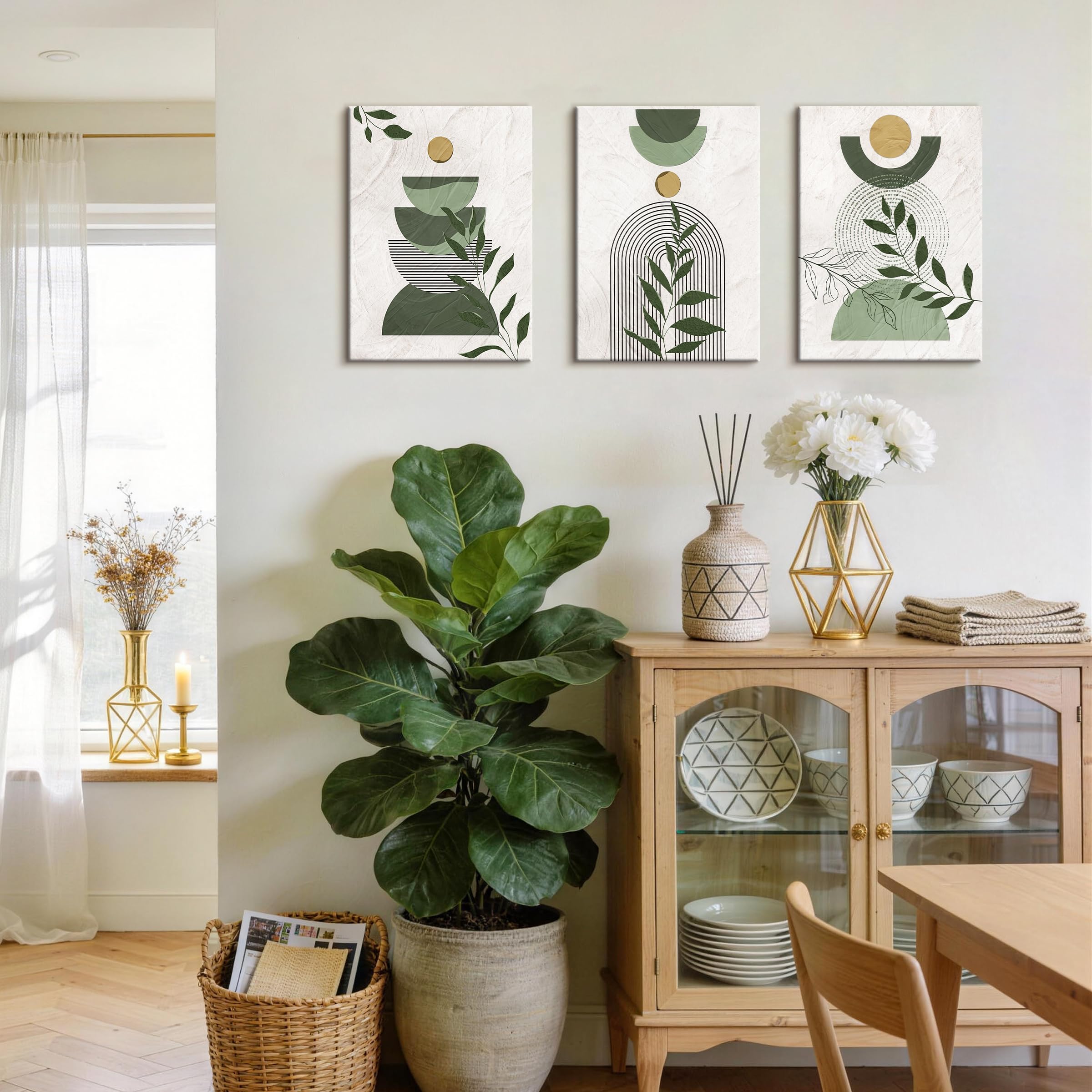 3 Pcs Wooden Framed Canvas Wall Art Set Bohemian Sage Green Canvas Prints Poster Geometric Line Beige Green Pictures for Living Room Bedroom Dinning Room Hallway Stairs Wall Decor 30x40cm x3pcs — view 509