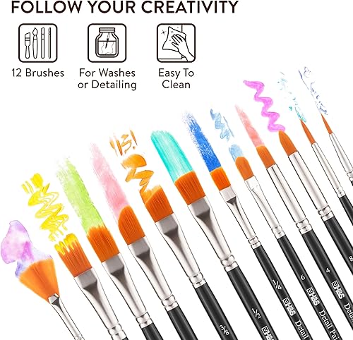 Miniatura 18 de H&S Juego de 12 pinceles de pintura profesional para artistas, punta redonda plana para pintura al óleo de acuarela acrílica, pinceles de acuarela