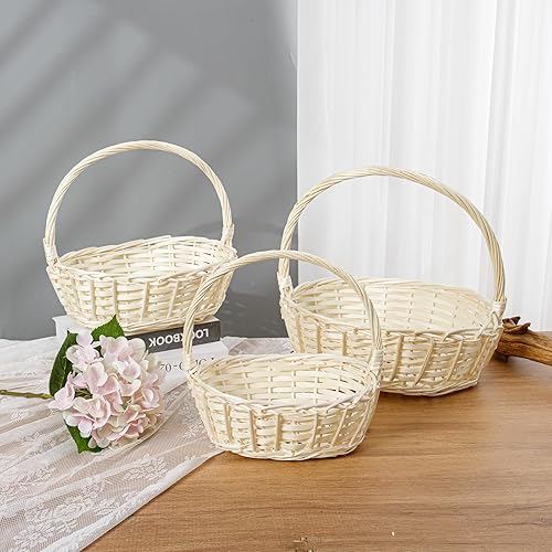 Miniatura 7 de THY Collectibles Set of 3 Hand Woven Wicker Rattan Flower Baskets with Handle Light Harvest Baskets for Storage, Gift Baskets, Picnics, Easter Eggs,