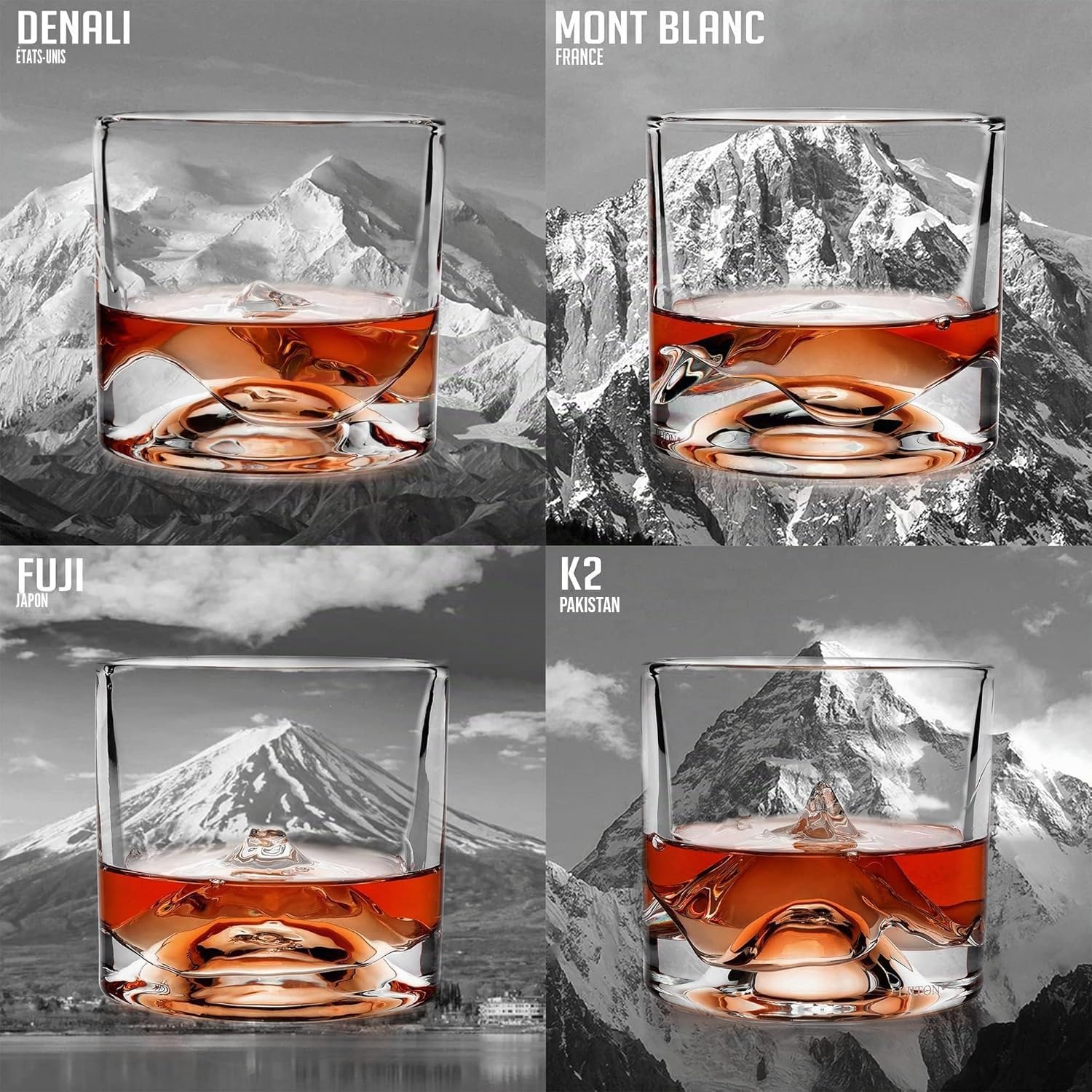 LIITON The Peaks Verres à Whisky Cristal, Lot de 4, congelable, 10 oz | Cristal épais à congeler: dégustez whisky, bourbon ou cocktails sans glaçons. Coffret cadeau pour homme.