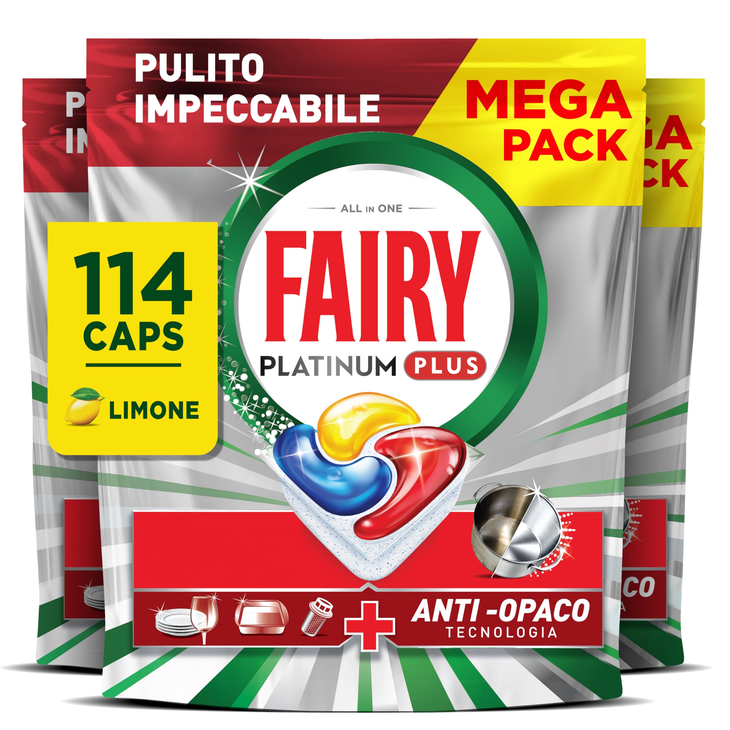 Fairy Platinum Plus Dishwasher Tablets, 114 Capsules, Complete Lemon, Detergent with Anti-Matte Technology, Against Grease and Stubborn Cracks Even in Short Cycles