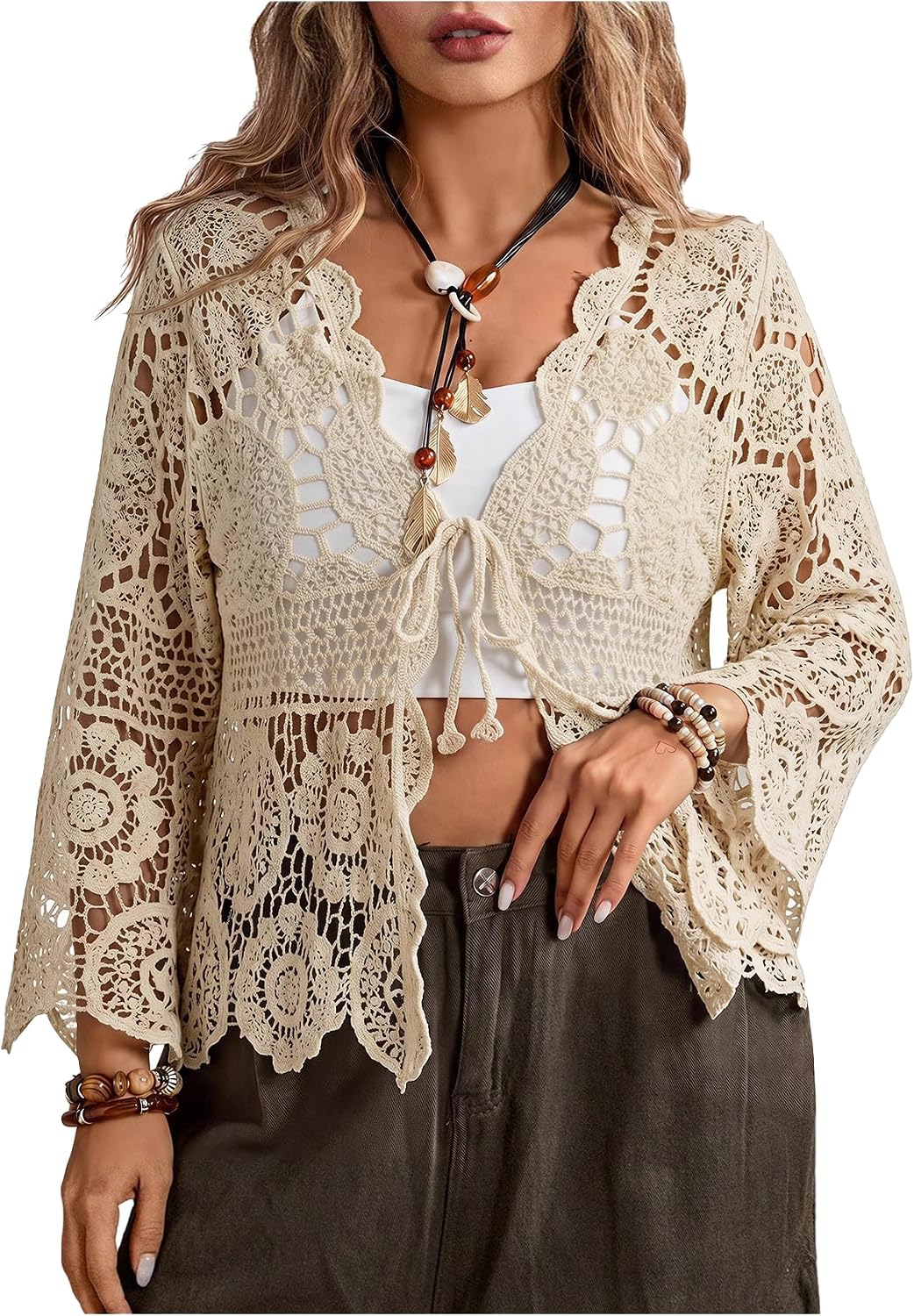 SHENHE Women's Plus Size Hollow Out Cardigan Lightweight Sheer Tie Front Boho Kimono