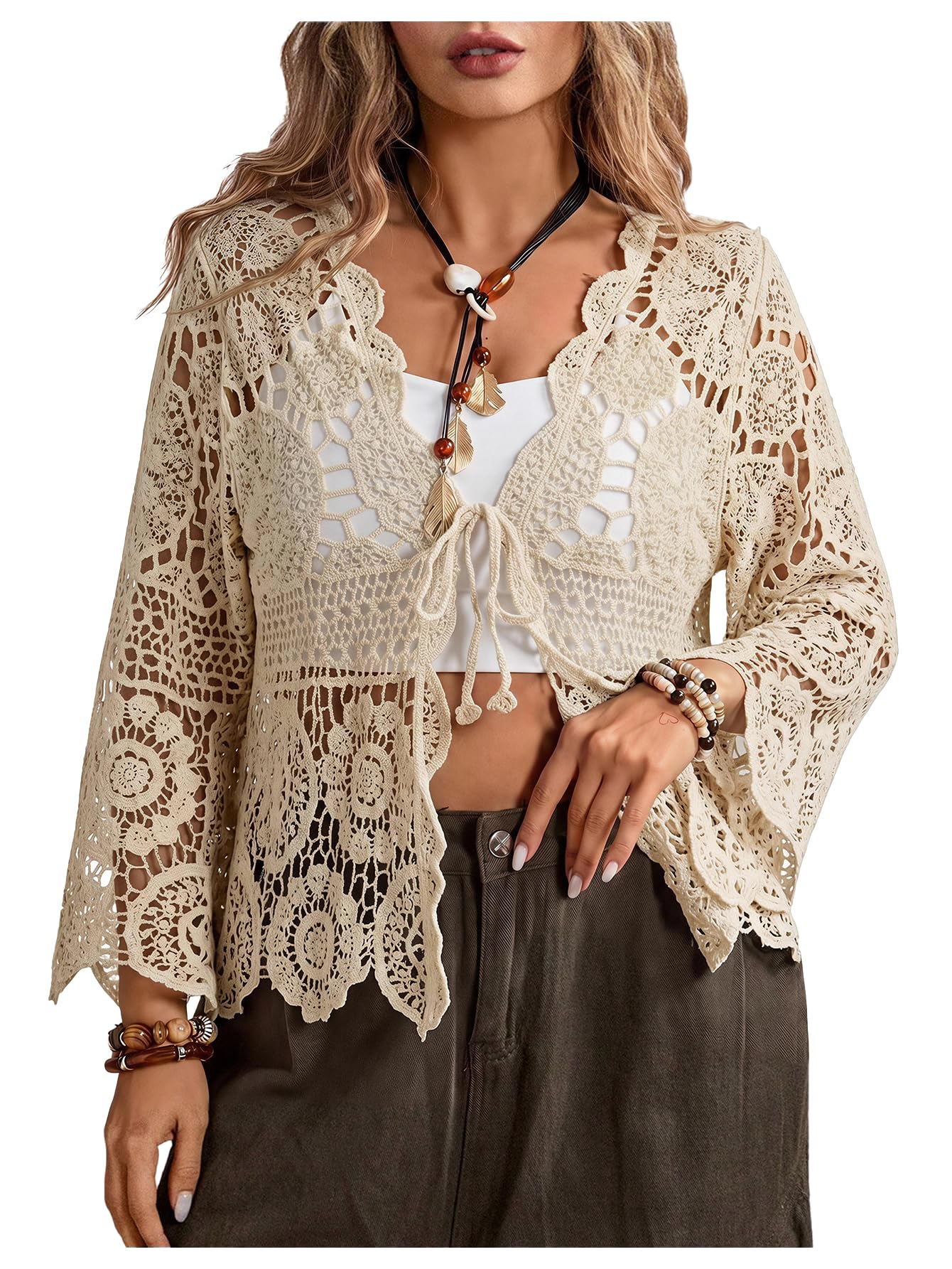 shenhe Women's Plus Size Hollow Out Cardigan Lightweight Sheer Tie Front Boho Kimono-picture-2