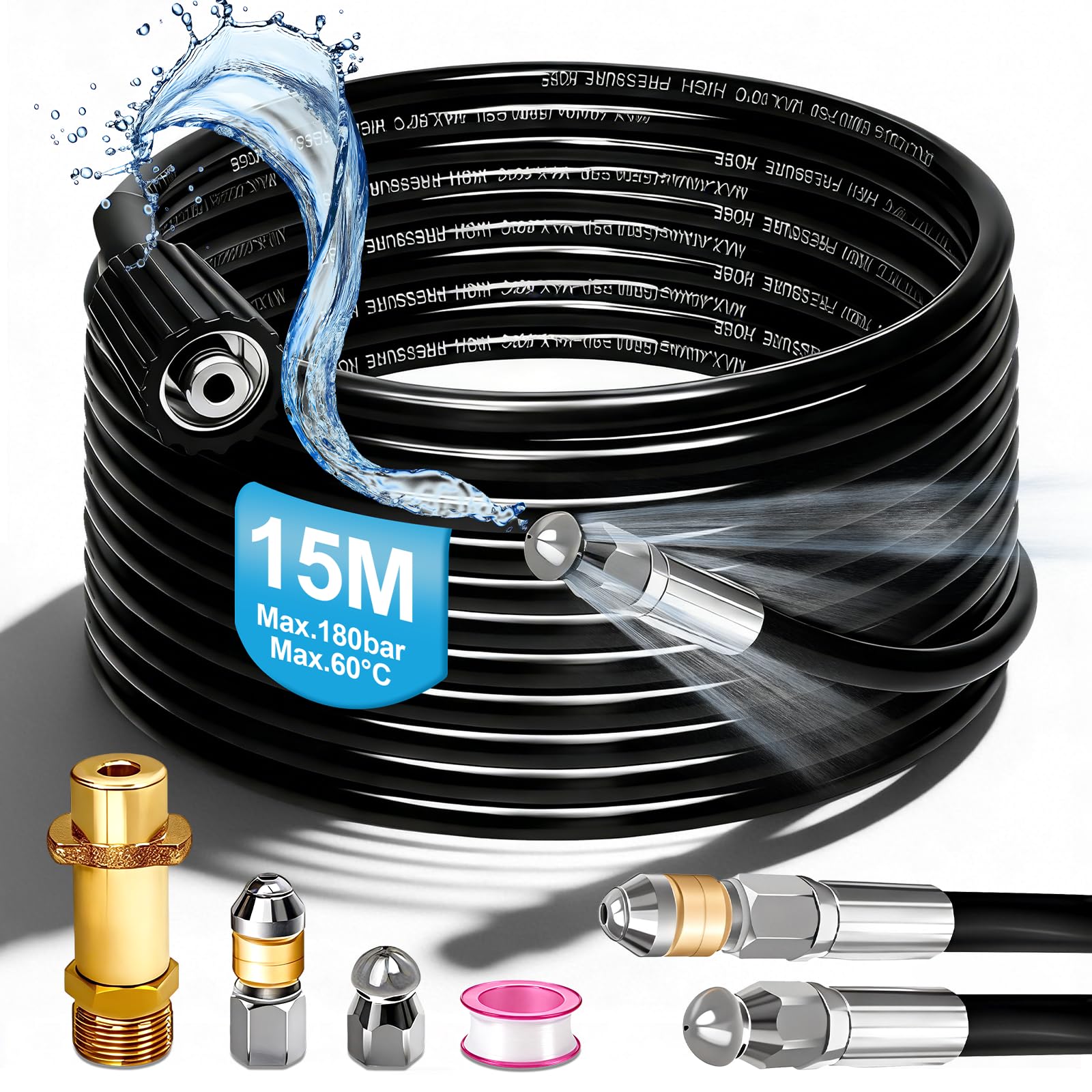 Tuyau de Nettoyage de Canalisations 15m, 180 bar avec Buse Rotative & Adaptateur M22 - Compatible avec Kärcher K2/K3/K4/K5/K6/K7 et Universel