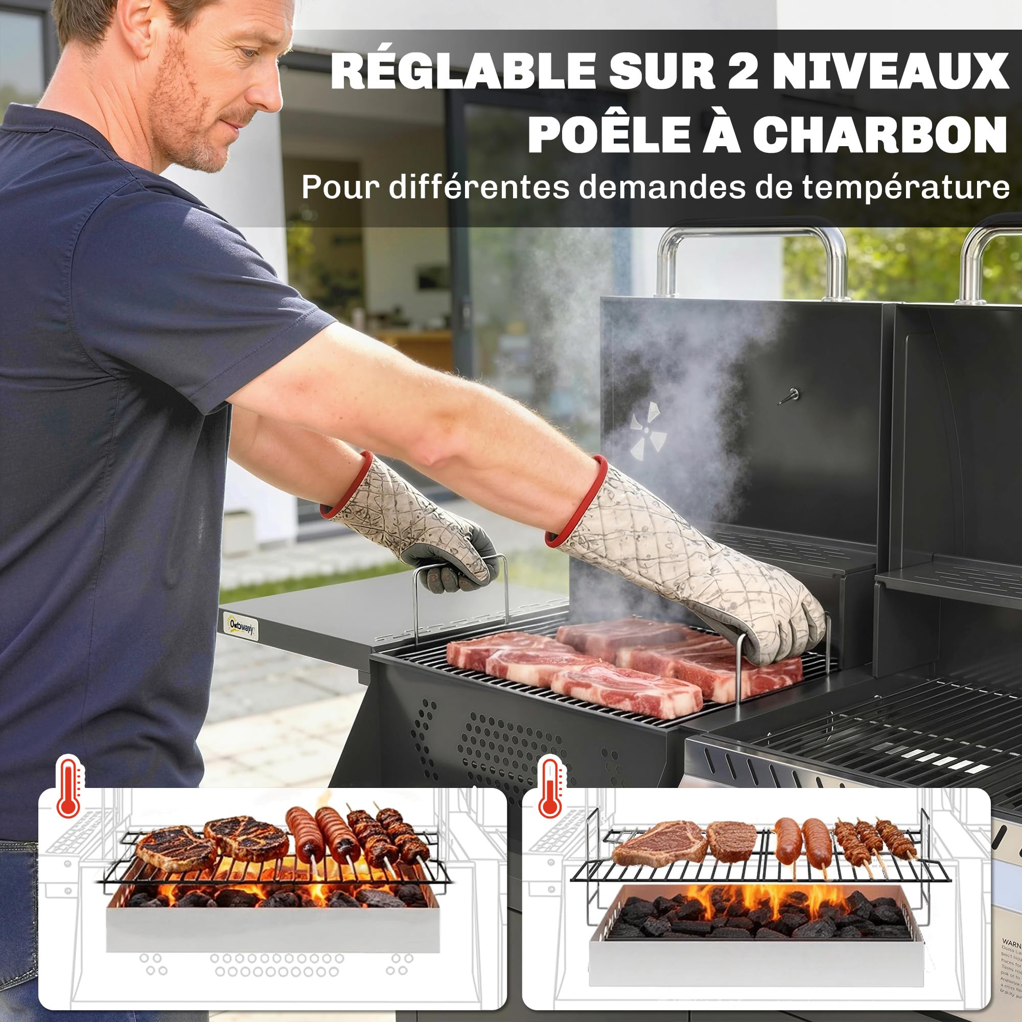 Outsunny Barbecue Hybride Gaz et Charbon de Bois - Barbecue Mixte 2 en 1 avec 3 Brûleurs et Feu Latéral - avec Thermomètre, Cabinet de Rangement et Décapsuleur, Noir