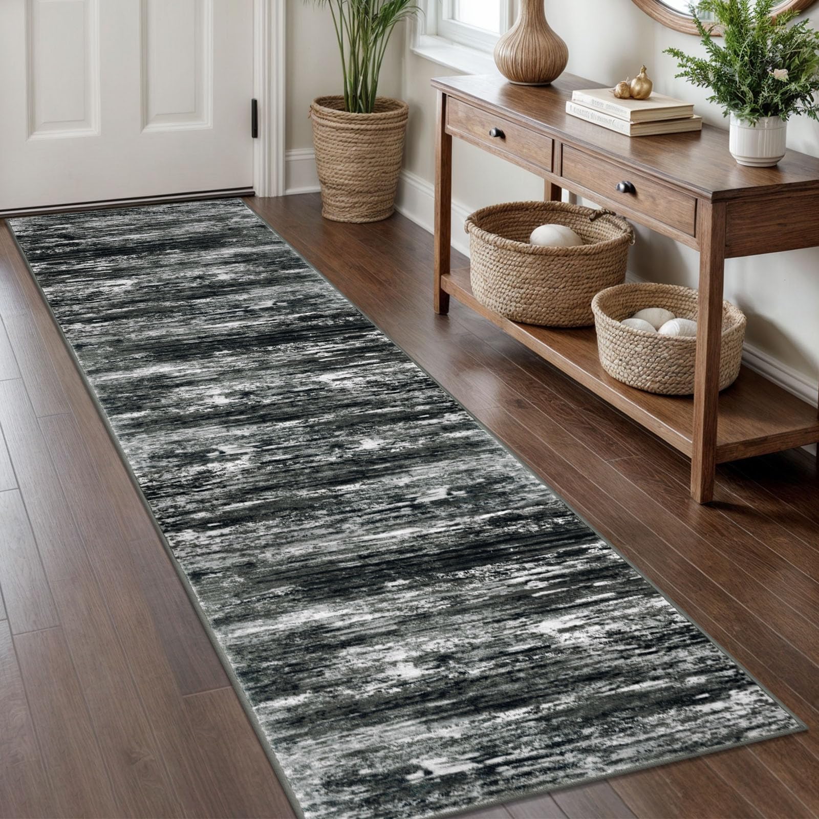 KOZYFLY Modern Abstract Hallway Runner Rug, 2x8 Kitchen Rugs Non-Slip Washable Soft Striped Runner Rugs, Print Black Grey Carpet Runner for Entryway Bathroom Laundry Room Foyer — image 1