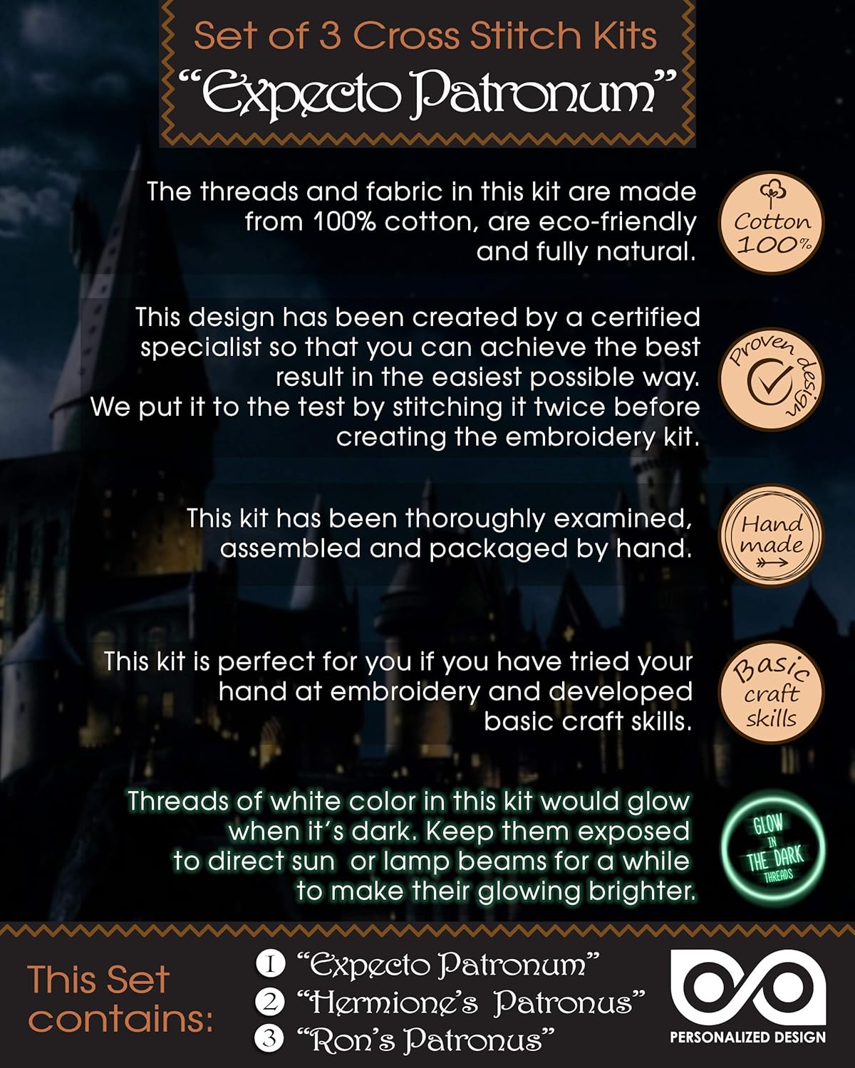 Embroidery Kits 'Patronuses' - Set of 3 DIY Counted Cross Stitch Luminous Bookmarks - Glow-in-The-Dark Gift for Kids and Teens
