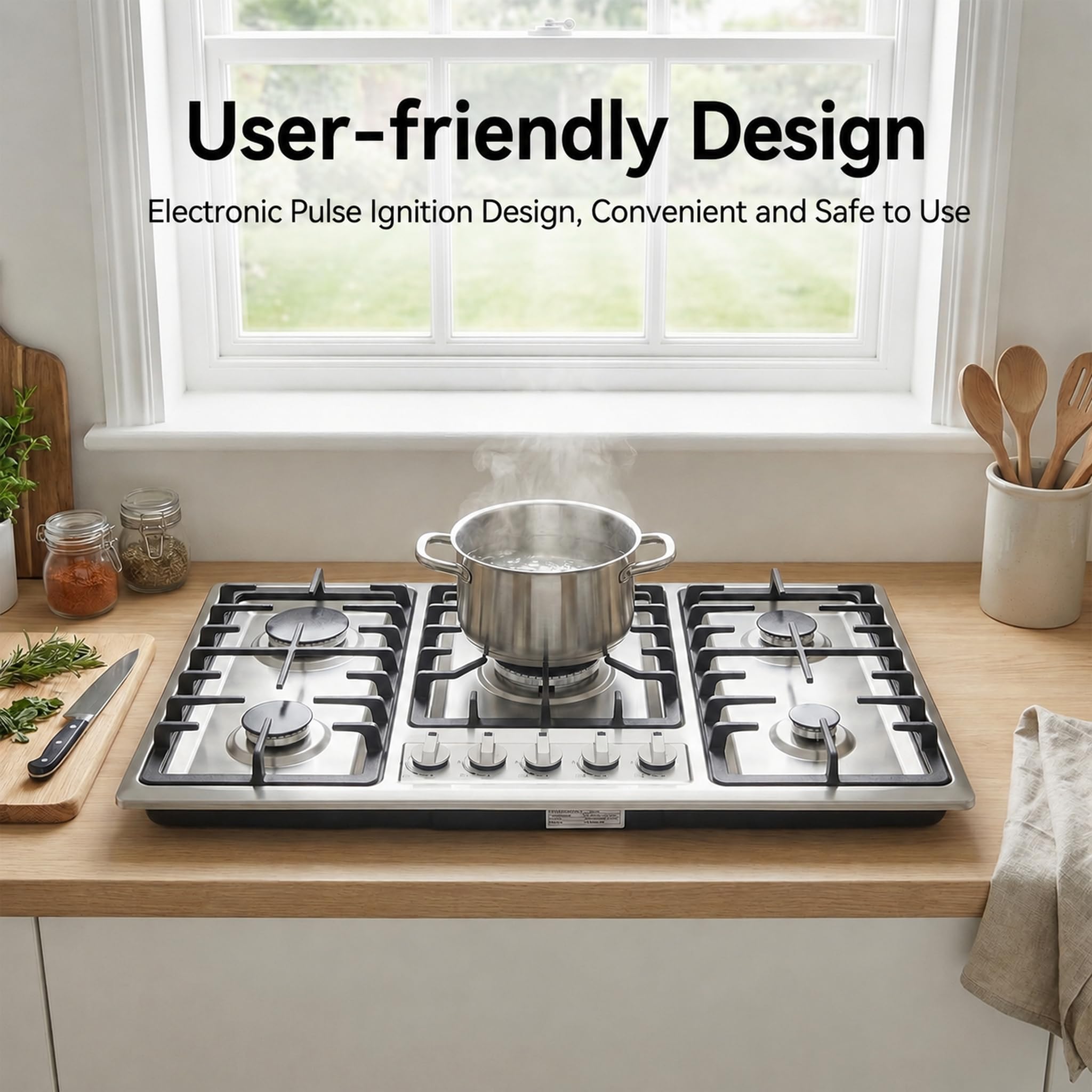 Plaque de cuisson à gaz 5 flammes 86 cm en acier inoxydable pour