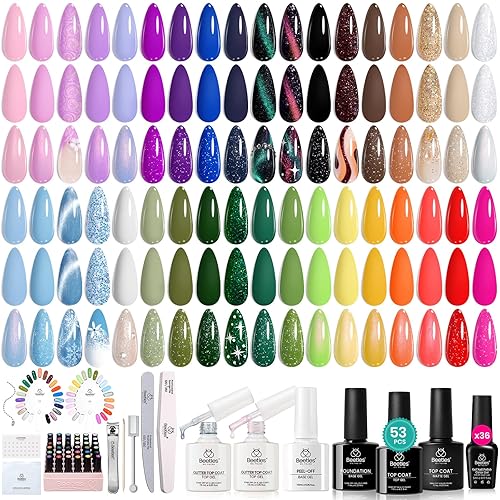 Beetles - Kit de esmalte de gel de invierno, kit de uñas de 36 colores, juego de esmalte de ojos de gato rosa y morado, con 4 bases y capa superior