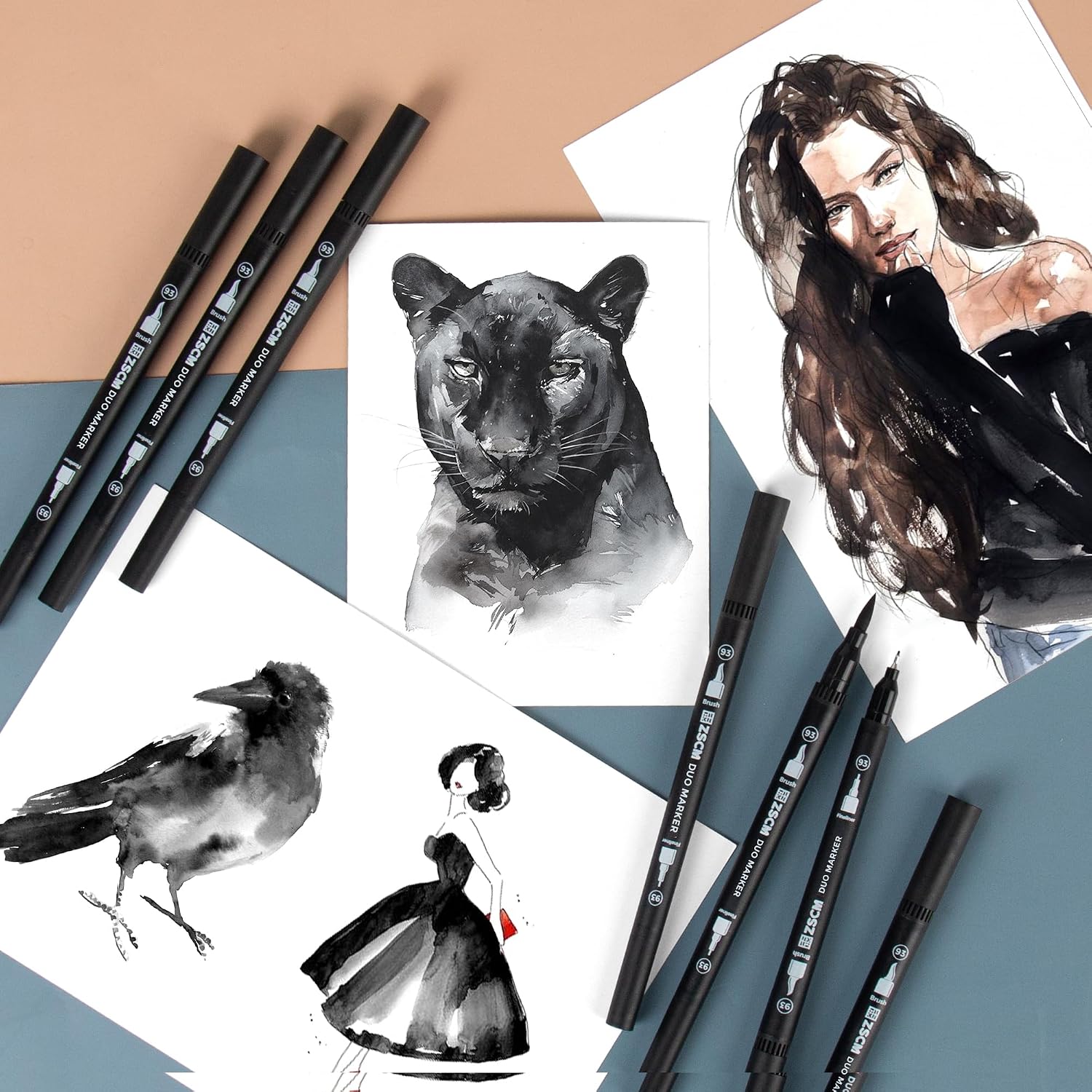 ZSCM Black Duo Tip Marker Pens, 12 Pack Fine & Brush Markers for Adult Coloring Books No Bleeding, Jet Black Markers for Outlining, Sketching, Japanese Manga, Calligraphy and Graphic Novels