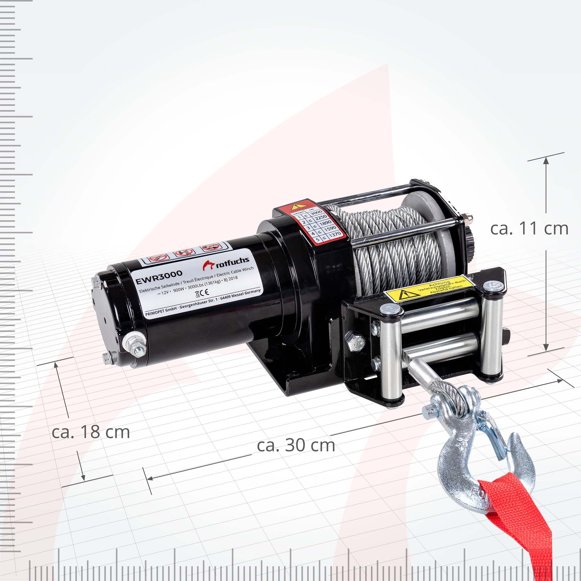ROTFUCHS Elektrische Seilwinde 12V mit Funkfernbedienung – 1360 kg / 3000lbs Offroad Motorwinde Seilzug Elektrowinde, 9,2 m Stahlseil, Schwarz