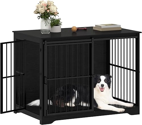Vista 61 de XXL - Mueble grande para perros, muebles de interior para perreras de 46.9 pulgadas con puerta de granero, jaula alta de madera para perros, jaula