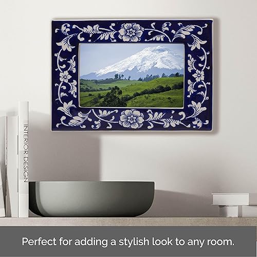 Miniatura 4 de Mikasa Marco de fotos de cerámica con flores, muestra una foto de 5 x 7 pulgadas, azul y blanco