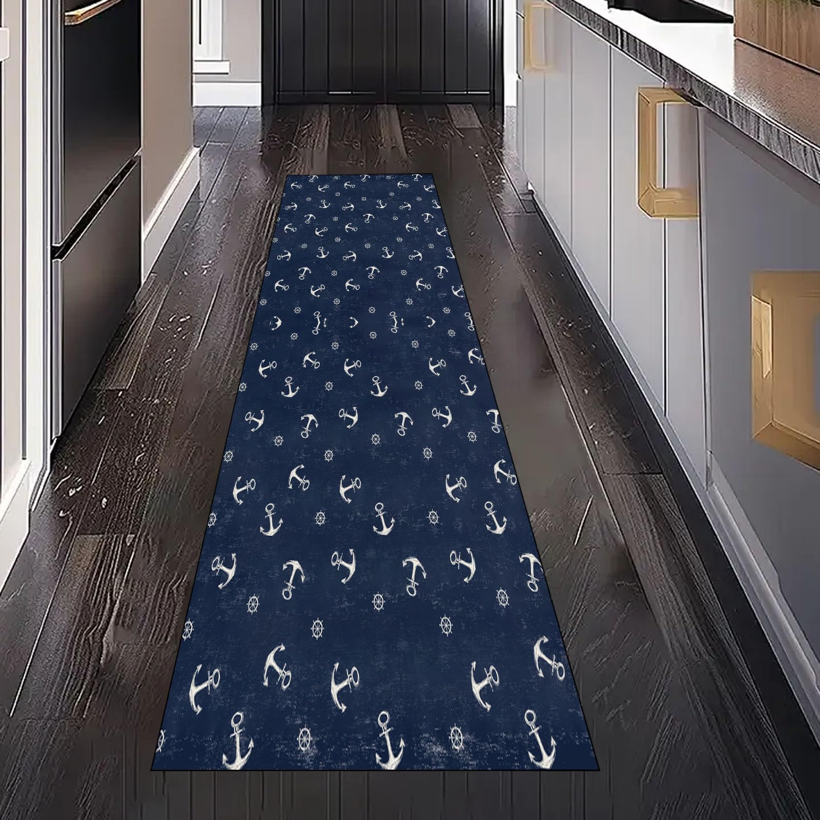 Nautisch Anker Maritim Steuerrad Teppich Läufer Flur Küche Waschbar rutschfest 60x150 cm, Küsten Muster Teppiche für Bettumrandung Schlafzimmer Teppichläufer für Küchenläufer Eingangsbereich
