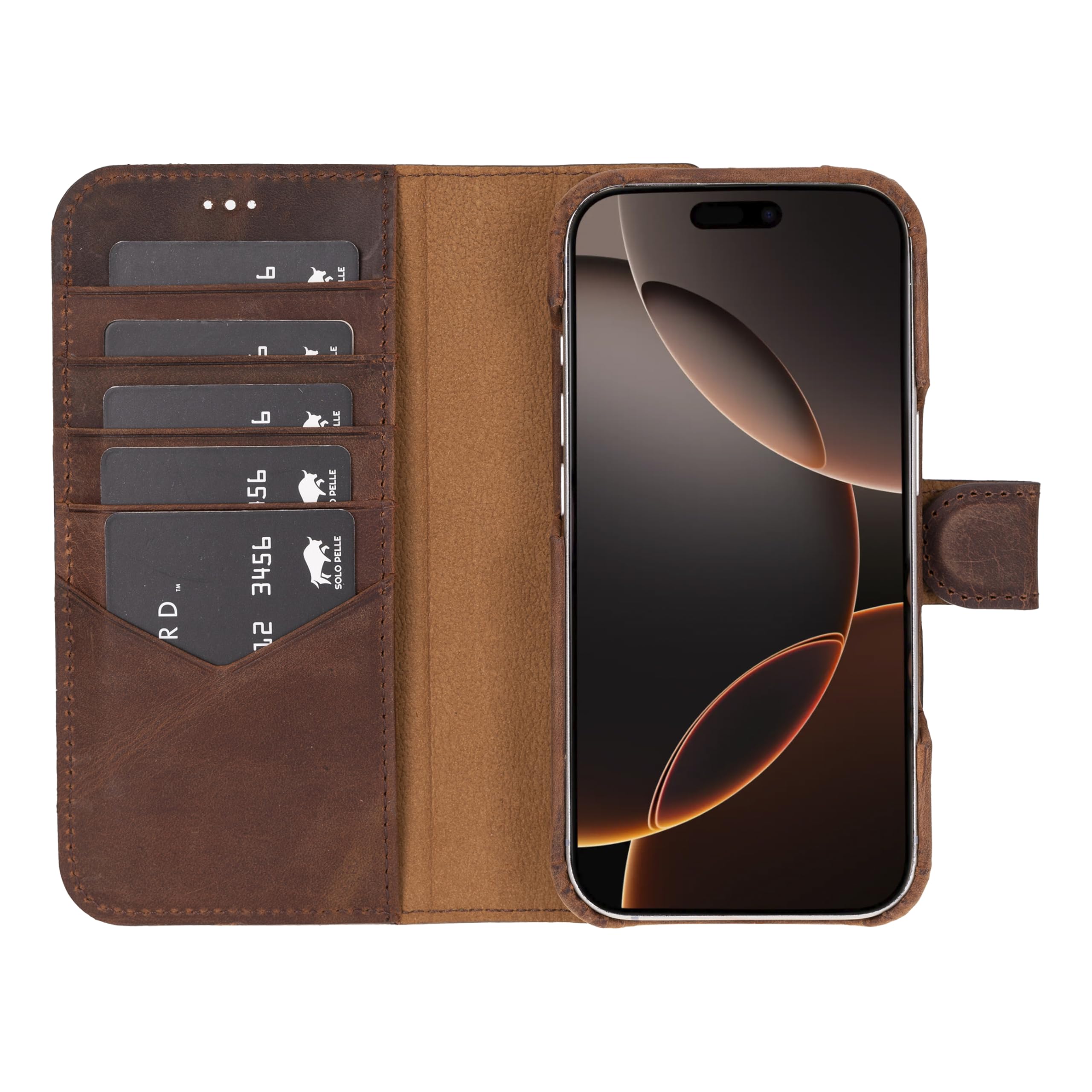 Solo Pelle Lederhülle kompatibel für iPhone 16 Pro in 6.3 Zoll abnehmbare Hülle (2in1) inkl. Kartenfächer geeignet für MagSafe Zubehör (Vintage Braun)