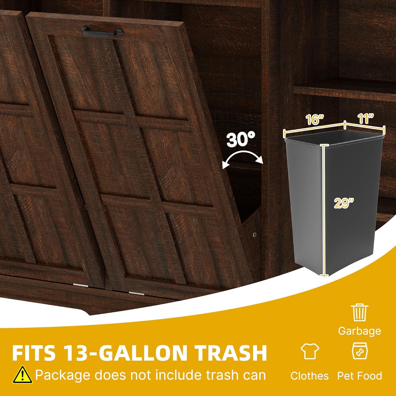 DWVO Rustic Kitchen Island with Power Strip, Farmhouse Kitchen Storage Island with 2 Tilt-Out Doors for 13 Gallon Bins, Adjustable Shelf