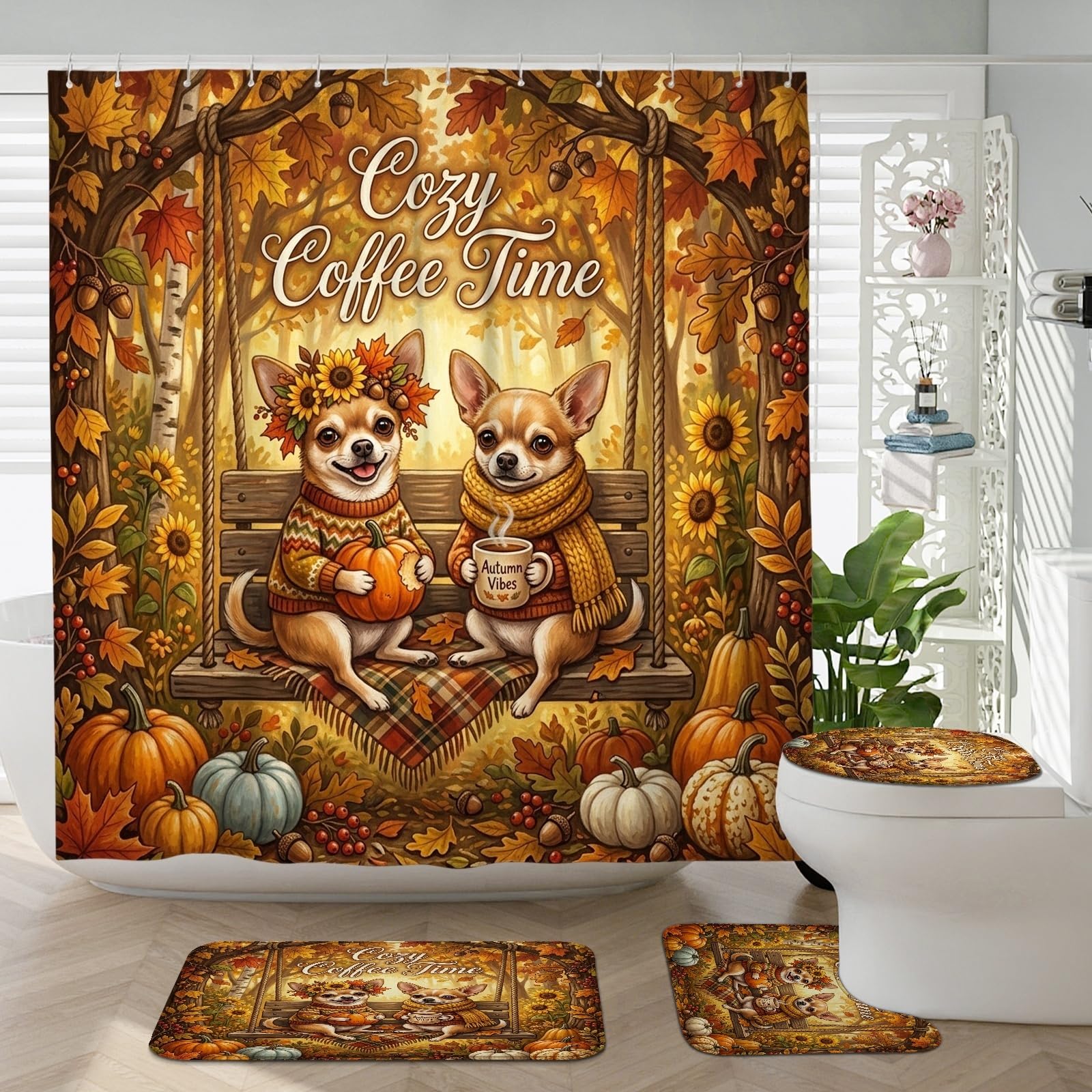 Tapis de bain citrouille d'automne et rideau de douche chic pour une décoration raffinée