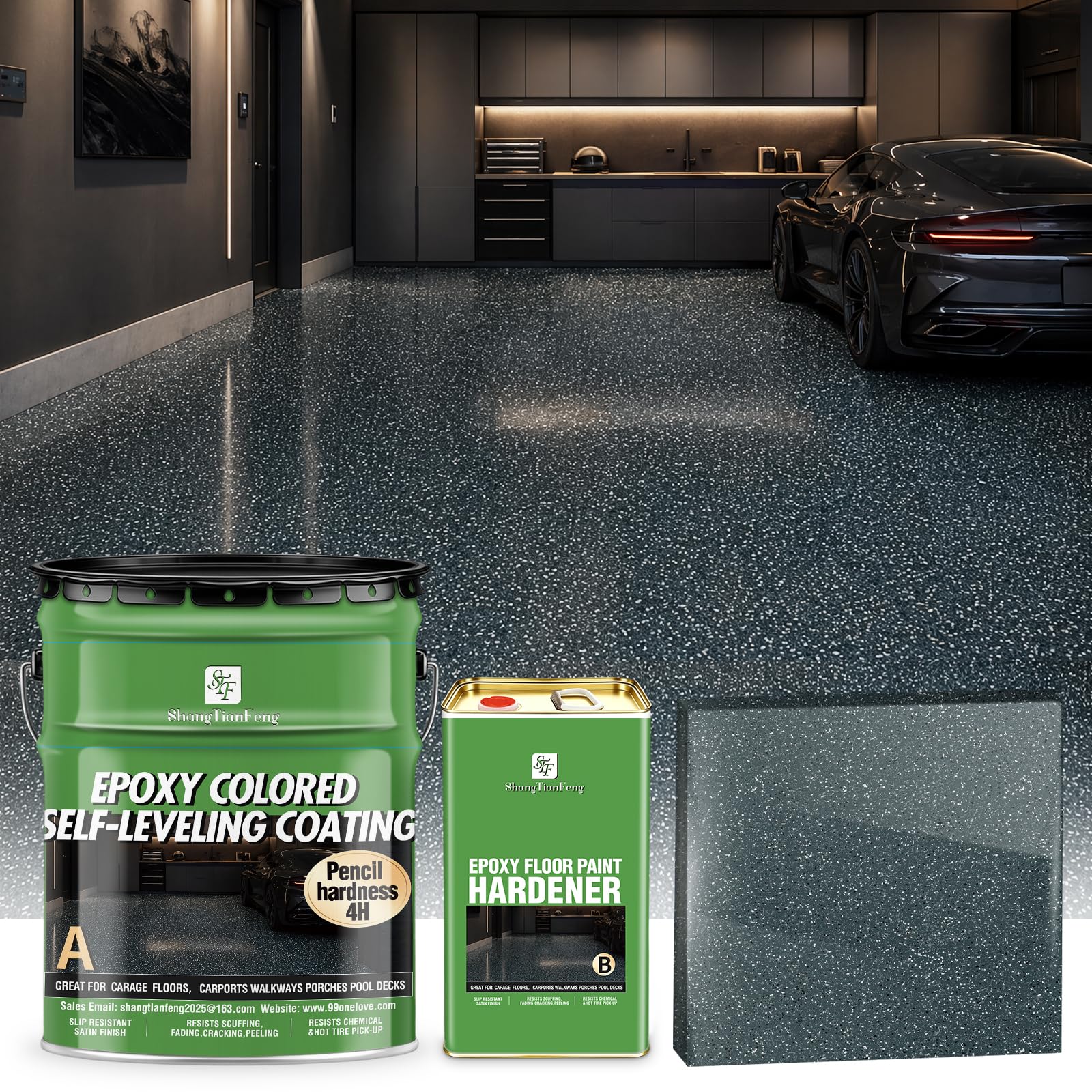 4 Gallon Dark Gray Epoxy Colored Sand Self‑Leveling Floor Paint, Marble‑Effect, 100% High Solids, 5.5:1 Sand‑Aggregate Ratio,6H Hardness,1.5mm Finished Thickness (Dark gray,512 Fl Oz,15Kg)