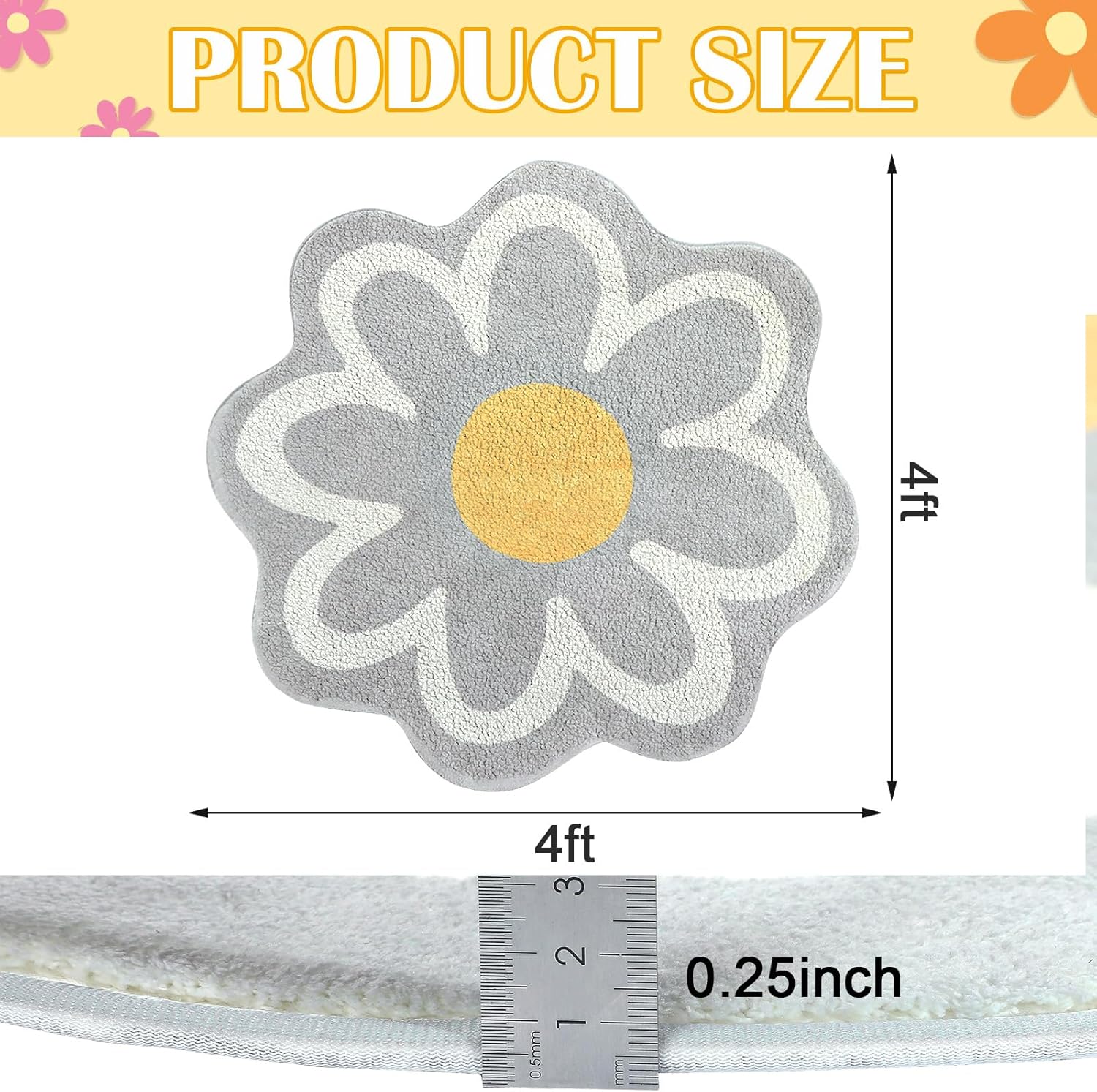 Tinideya Aesthetic Cute Flower Round Area Rug Non Slip Circle Soft Fluffy Flower Rug Indoor Floor Mat Carpet for Girls Bedroom Bathroom Living Room Sofa Nursery Decor(Grey, 4 ft)
