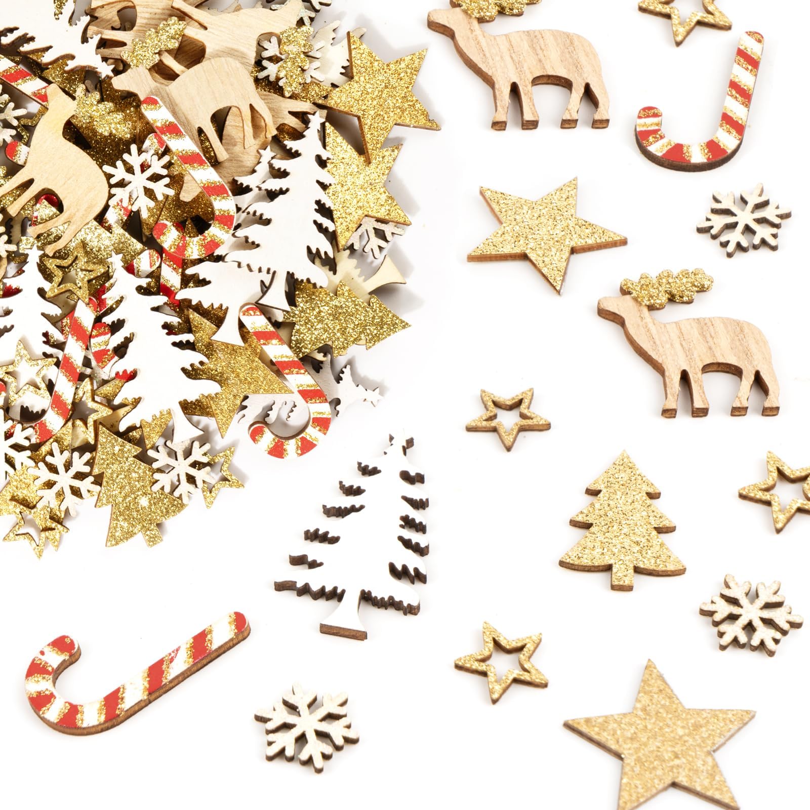 108pcs Adornos Navidad de Madera Mini Adornos Navideños Confeti con Purpurinas para Decoración de Navideña Mesa Corona de Navidad Tarjetas Regalos para DIY Manualidades