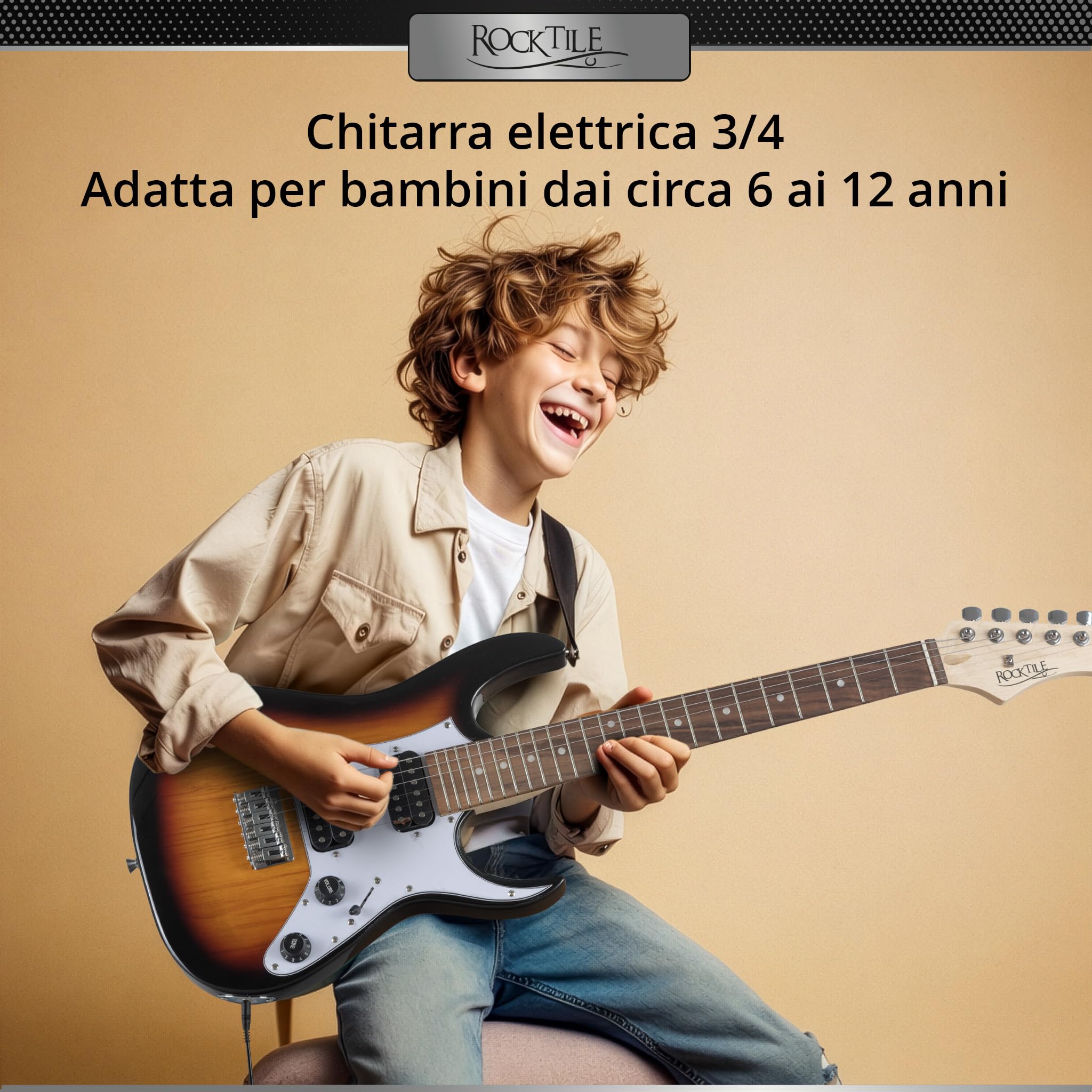 Rocktile Youngster YS-1SB 3/4 Chitarra Elettrica Sunburst, Generale | Modello: YS-1SB, Adatto indicativamente dai 6 ai 12 anni, Peso: 2, 4 kg, Numero di corde: 6, Orientamento: Destrimano, Corpo
