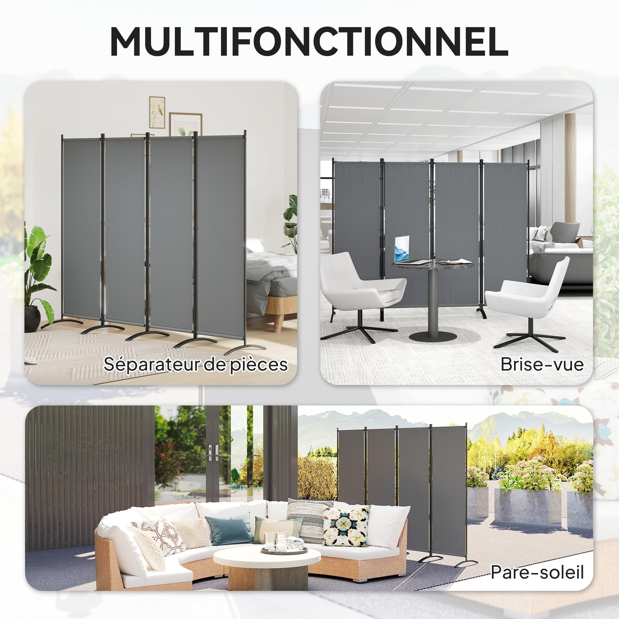 Outsunny Paravent 221 x 172 cm, paravent de Jardin à 4 Panneaux, cloison de séparation avec Pieds Larges, pour terrasse, Piscine, Balcon, en Tissu Polyester de 180 g/m², Gris foncé