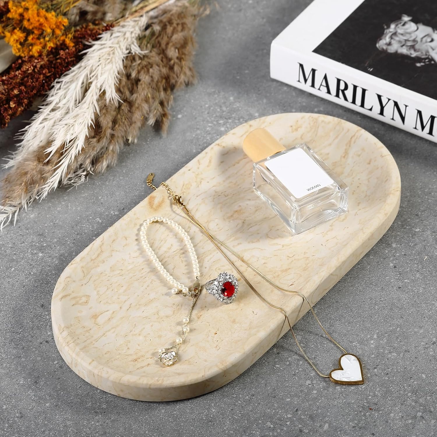 Koville Natural Marble Tray for Home Decor, 12"x6" Marble Vanity Tray for Dresser, Stone Perfume Organizer Jewelry Dish for Bathroom, Stone Catchall Storage Trays for Candles - Image 5