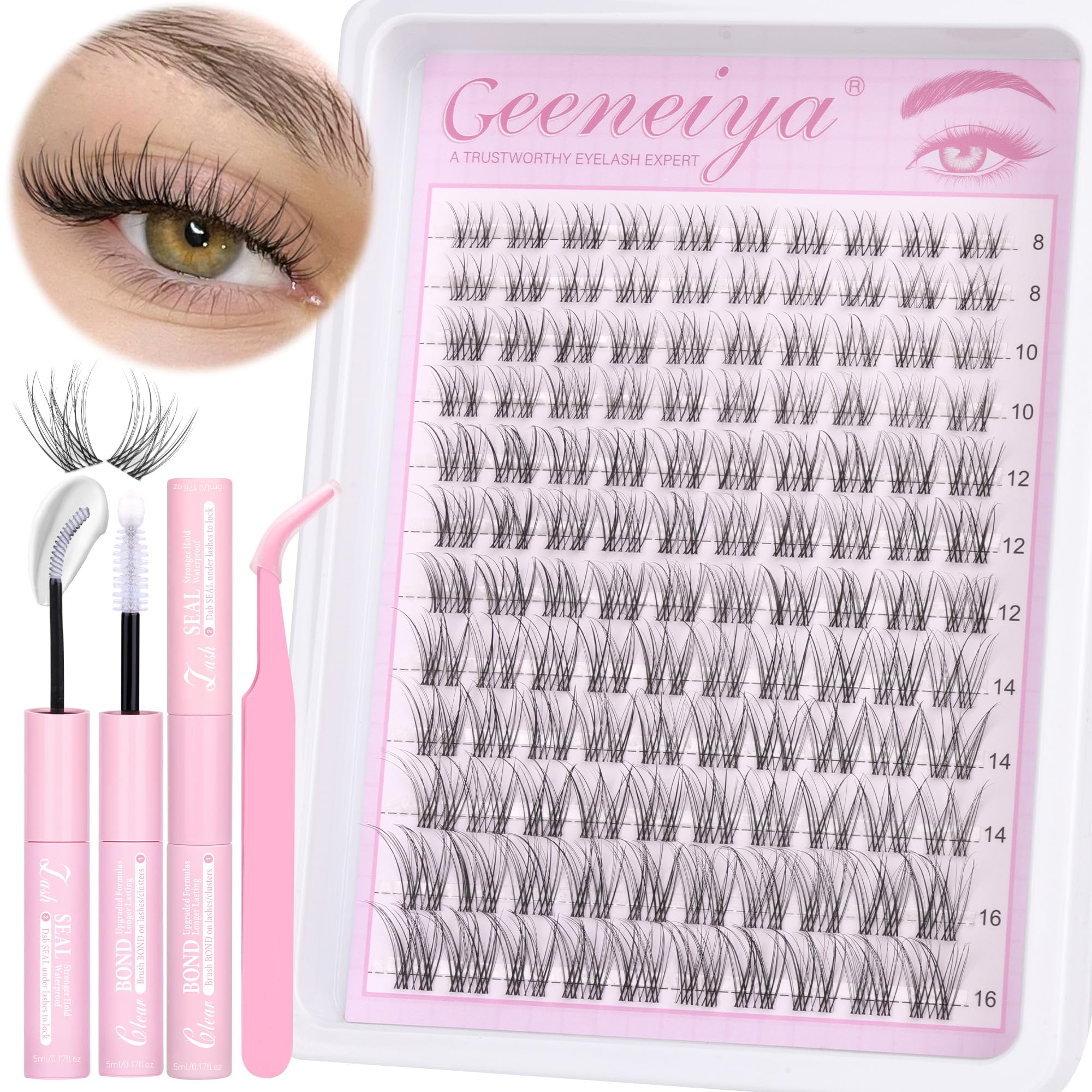 Geeneiya Clear Band Lash Clusters Kit with White Glue Natural Eyelash Clusters Kit 8-16MM Wispy Lash Extension Kit D Curl Individual Eyelash