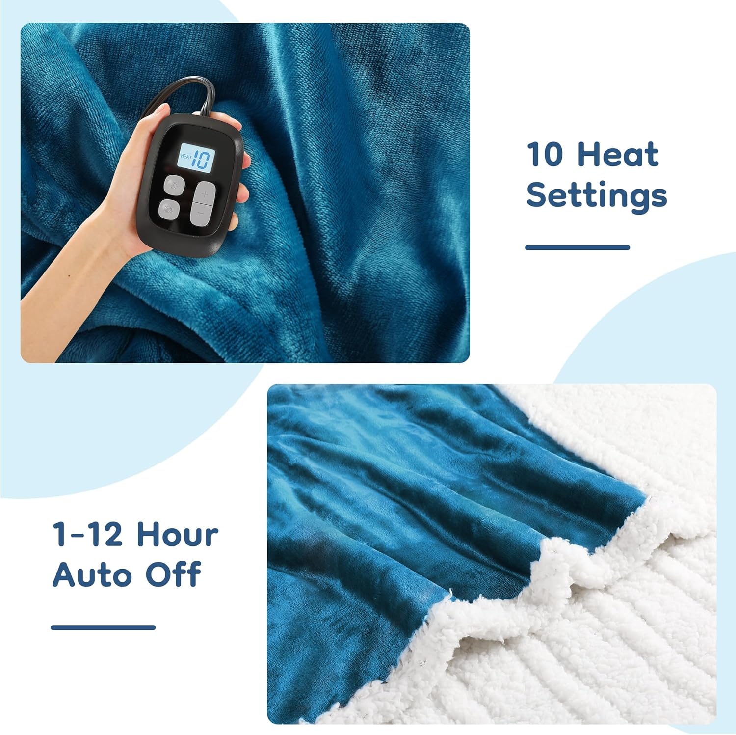 Electric Heated Blanket Twin Size 62"x84", Dual-Sided Soft Flannel & Sherpa, LCD Display 10 Heat Settings with 1-12H Timer & Overnight Safe, Bed & Couch, Machine Washable, Lake Blue - Image 3