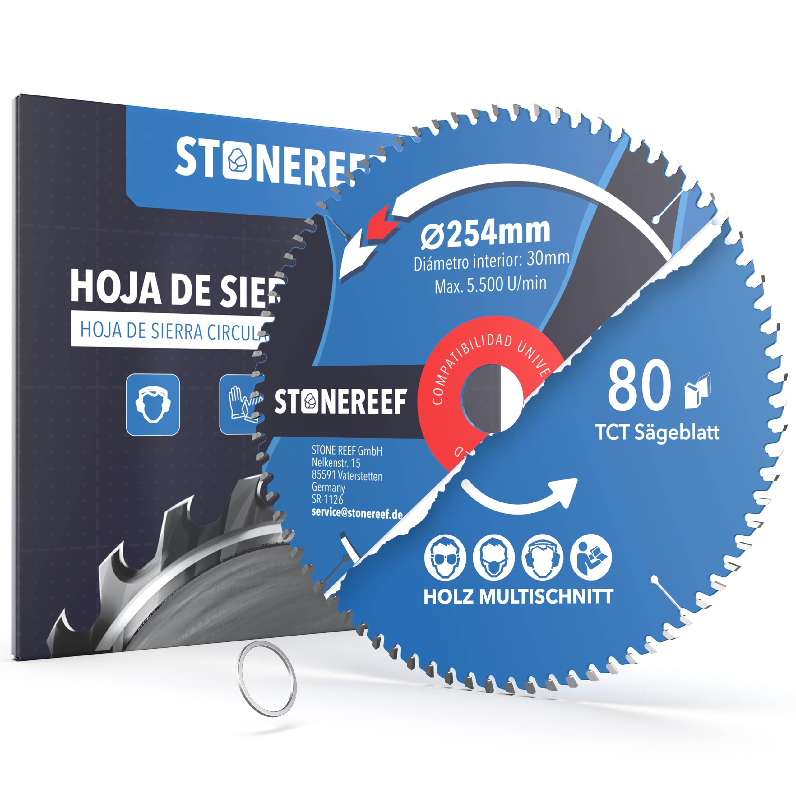 STONE REEF Hoja de sierra circular de 254x30 cm, incluye adaptador a agujero de 20 mm, compatible con sierra de inmersión y sierra circular de Bosch, Makita, ideal para madera, metal y aluminio