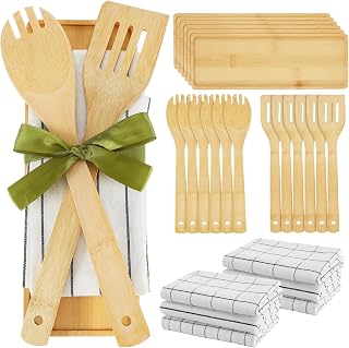 Zhehao 6 Sets Bridal Baby Shower Game Prizes for Winners with Bamboo Trays Spoons Spatulas Kitchen Towels and Ribbons Thank You Gift for Bridal Wedding Guests Utensils Cooking Gifts