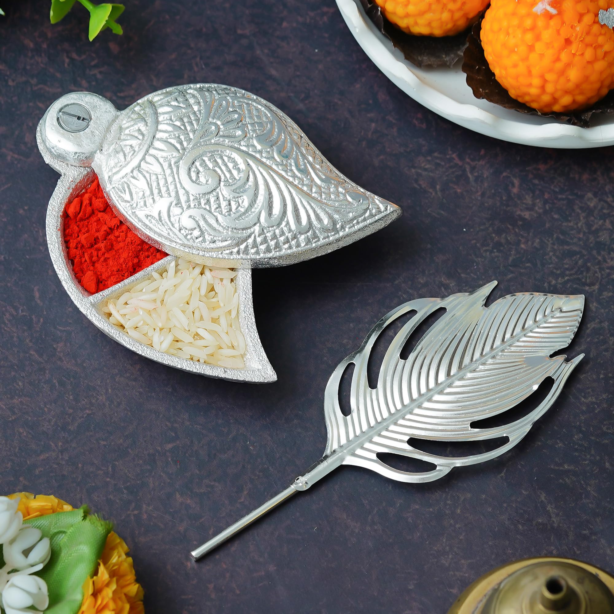 Webelkart Premium Silver Kumkum Box With Leaf And Red Velvet,Roli|Chawal|Chandan|Haldi|Kumkum Puja Box|Sindoor Box- Diwali Gift Item,Roli Chawal Box (Antique) 2