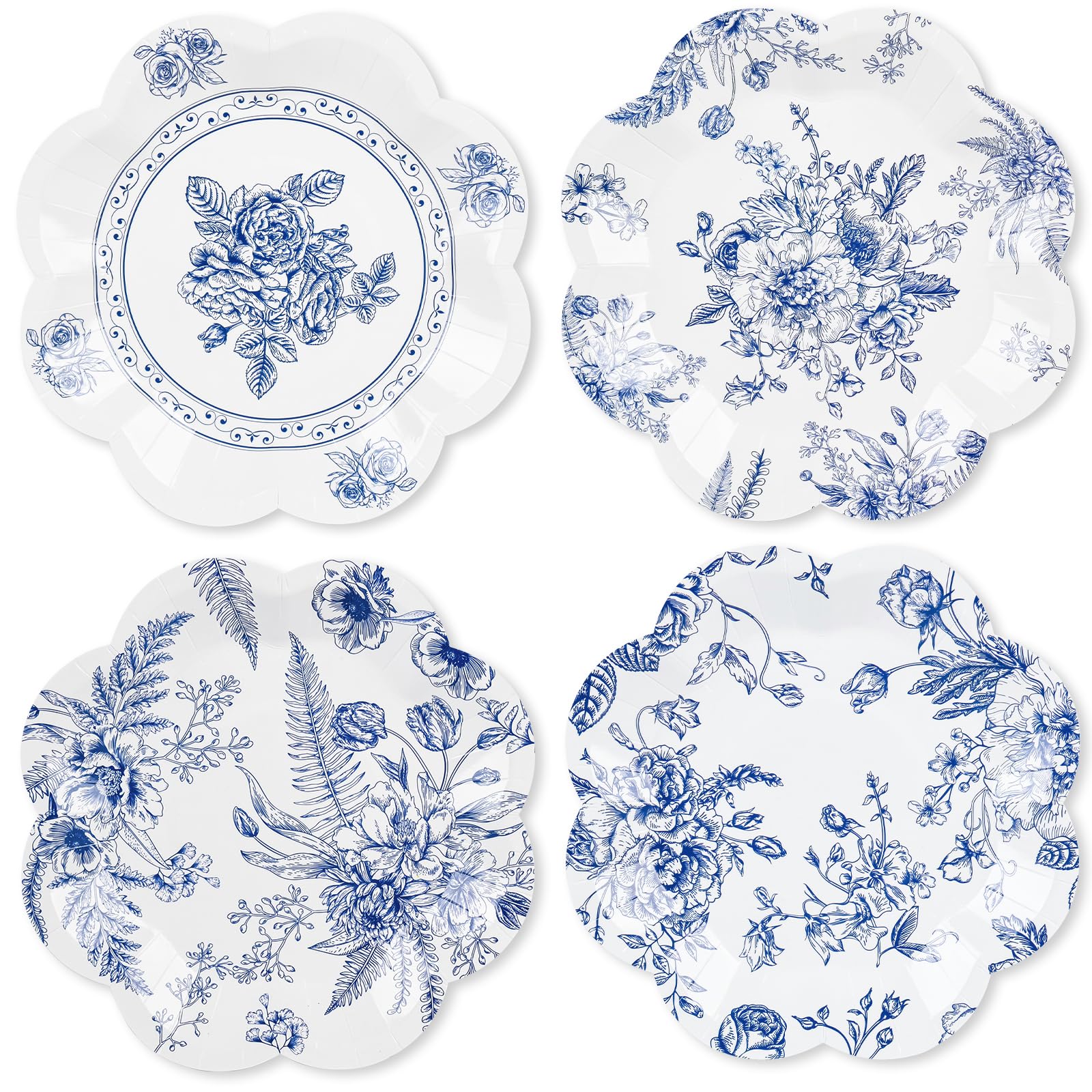80Pcs Blue Floral Paper Plates Blue and White Floral Plates Disposable Blue Flower Scalloped Decorative Plate Bridal Dessert Chinoiserie Vintage Plate for Wedding Bridal Tea Party Supplies,7 Inch