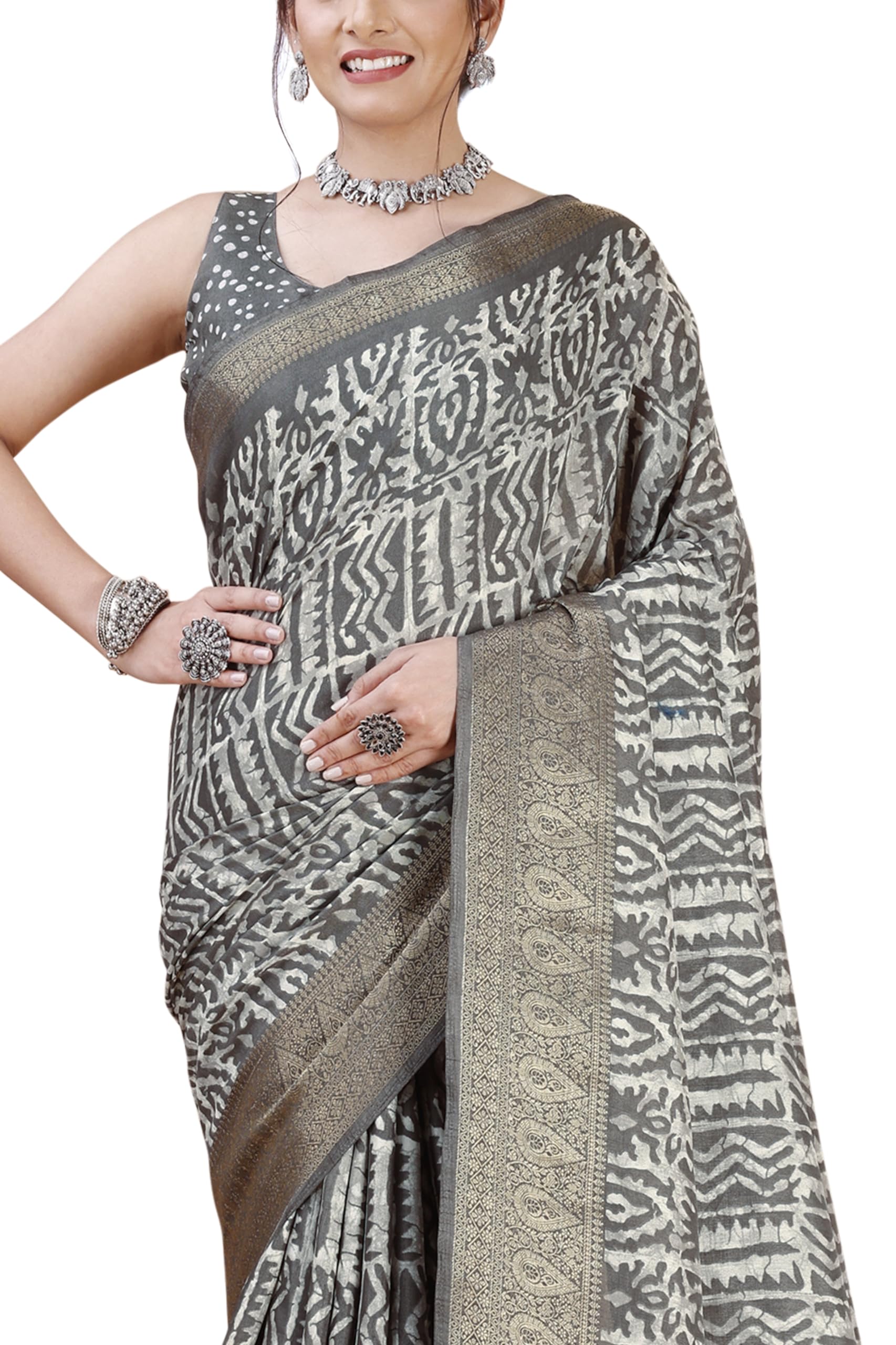 MIRCHI FASHION Women Dola Silk Batik Printed Saree with Blouse Piece (39948 - Grey, Off White) - Image 7 thumbnail